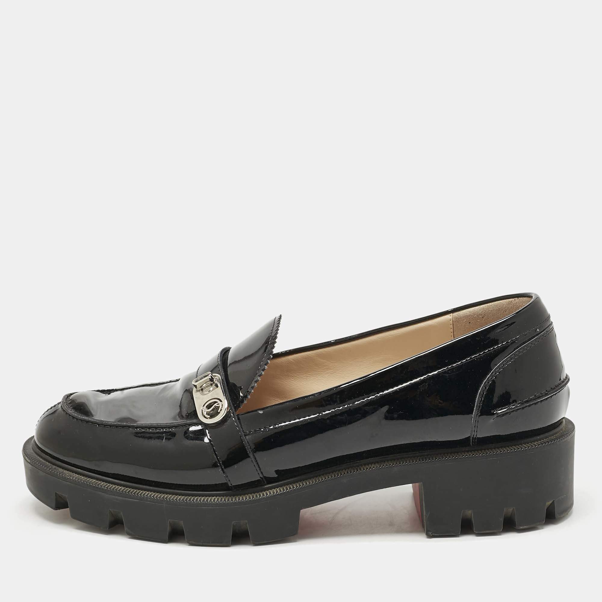 Pre Owned Christian Louboutin Black Patent Leather Lock Woody Slip On Loafers Size 37