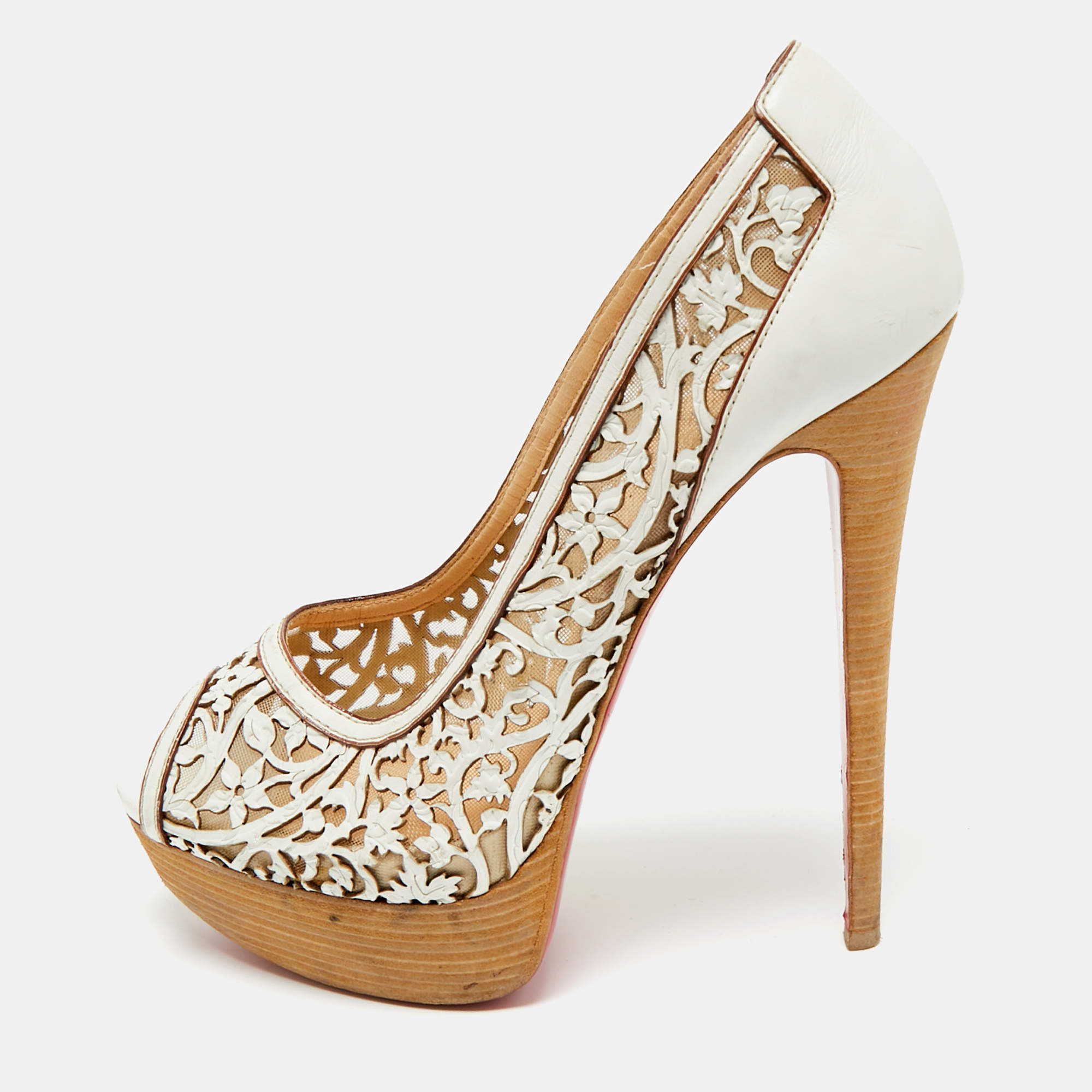 Pre Owned Christian Louboutin White Laser Cut Leather And Mesh Evita Peep Toe Platform Pumps Size 39