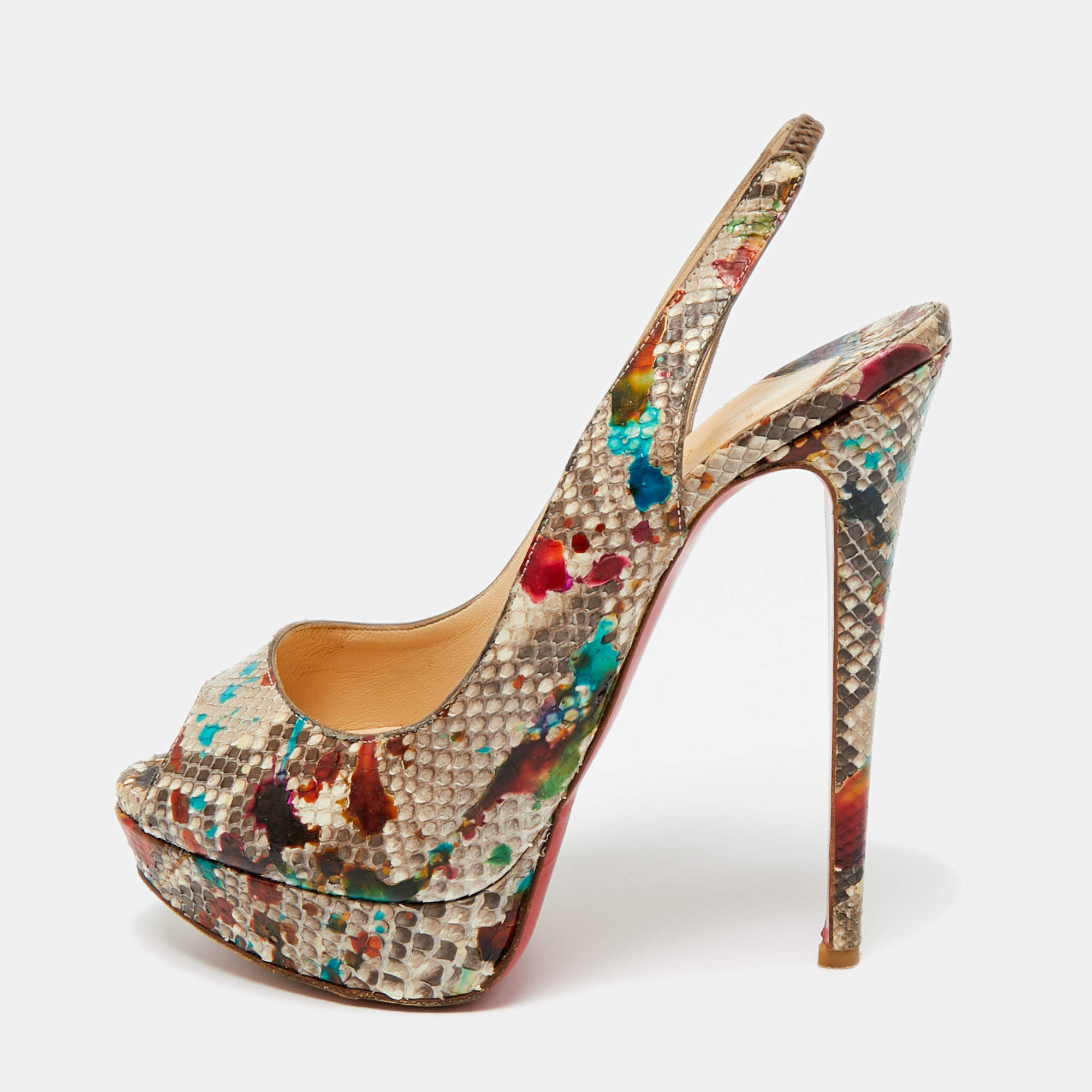 Pre Owned Christian Louboutin Multicolor Python Leather Lady Peep Toe Platform Slingback Pumps Size 40