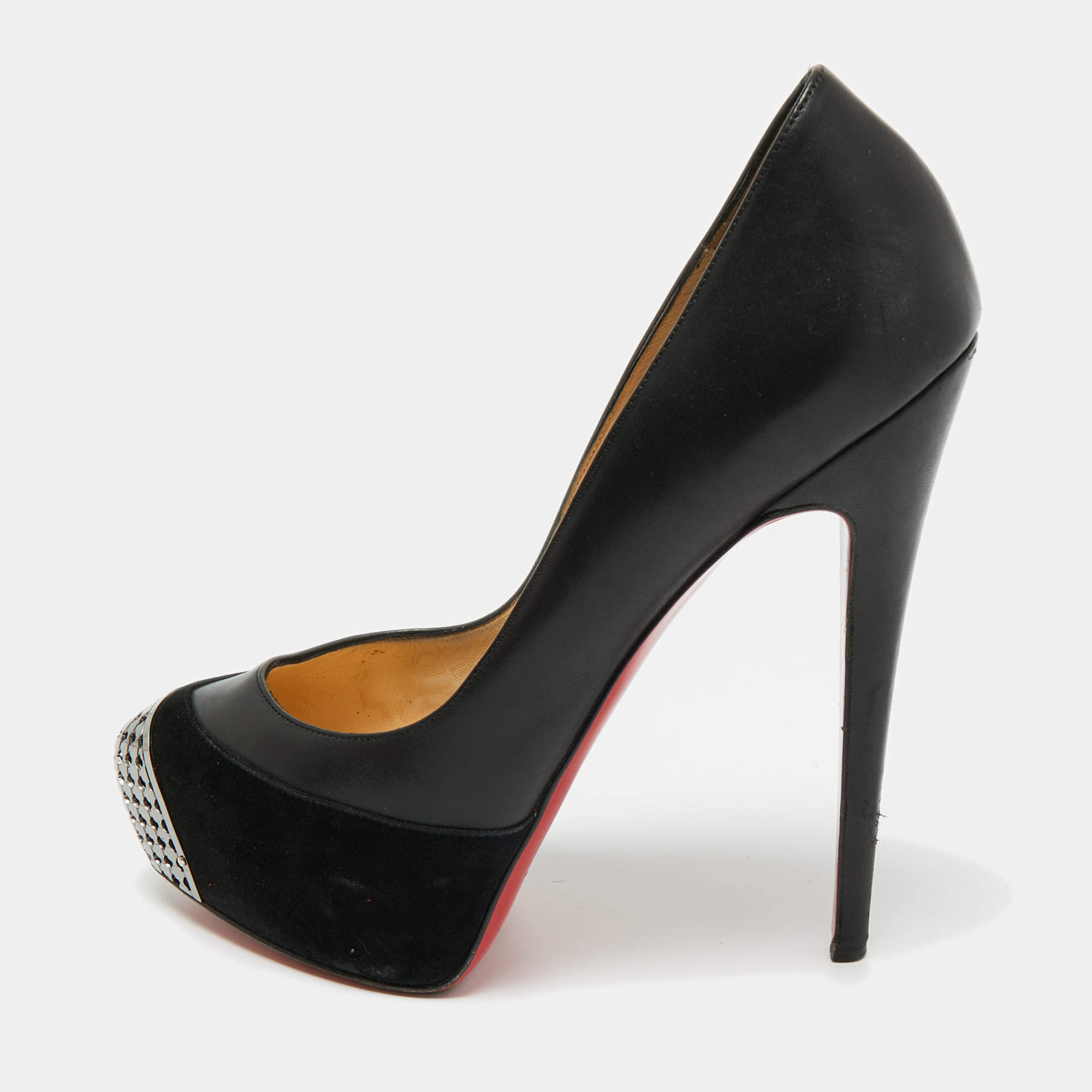 Pre Owned Christian Louboutin Black Leather and Suede Maggie Platform Pumps Size 39