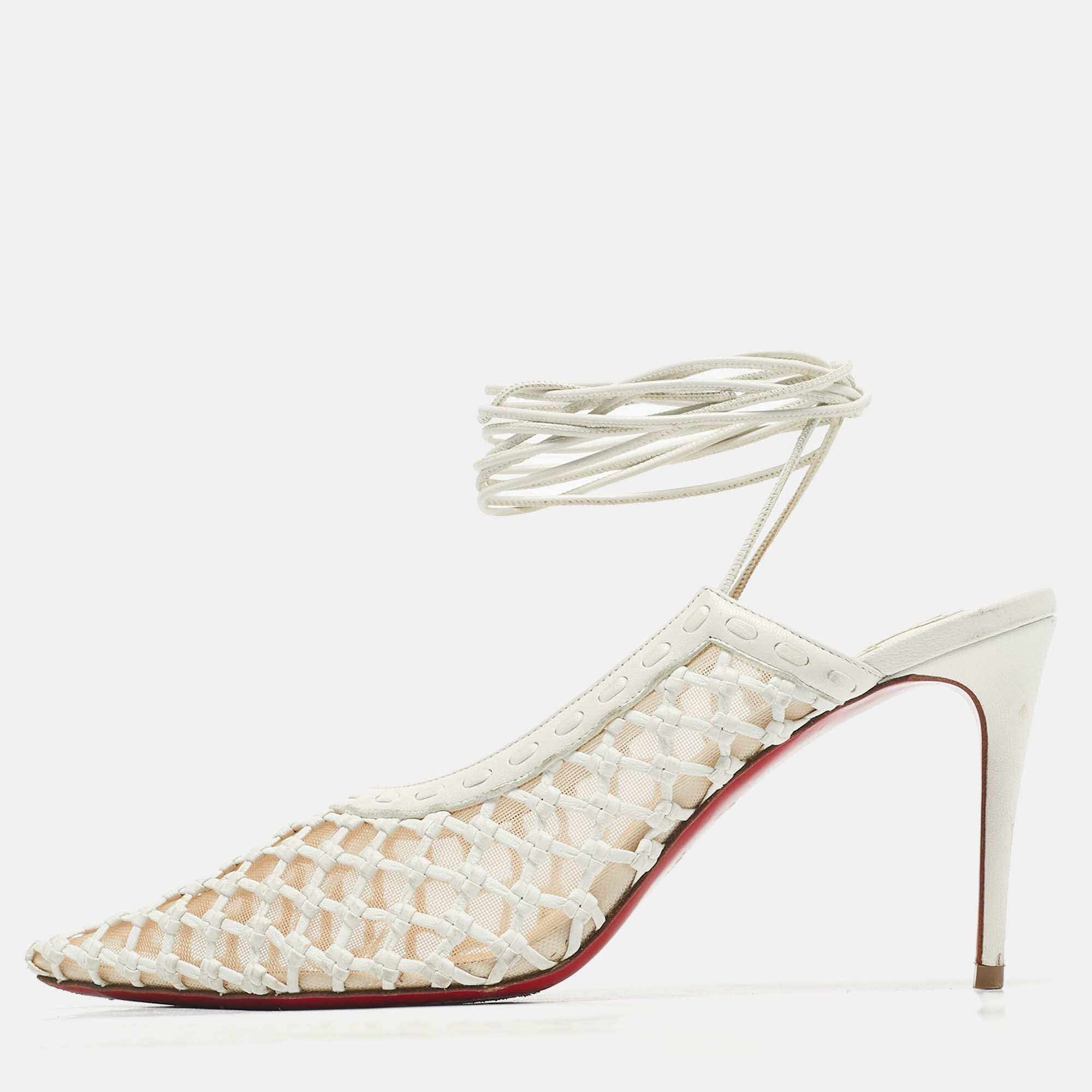 Pre Owned Christian Louboutin White Leather and Mesh Cage & Curry Pumps Size 37.5