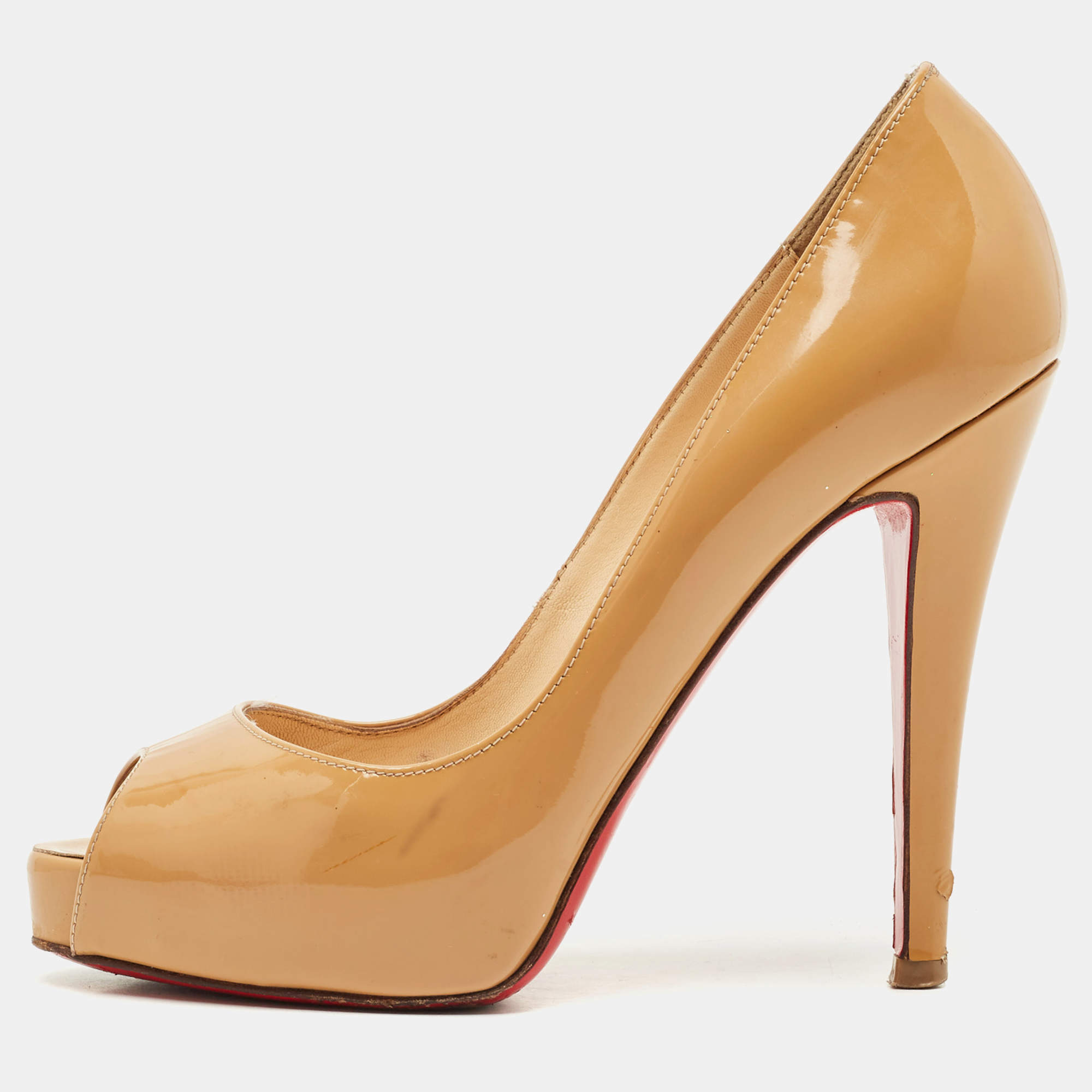 Pre Owned Christian Louboutin Beige Patent Leather Very Prive Peep Toe Platform Pumps Size 34