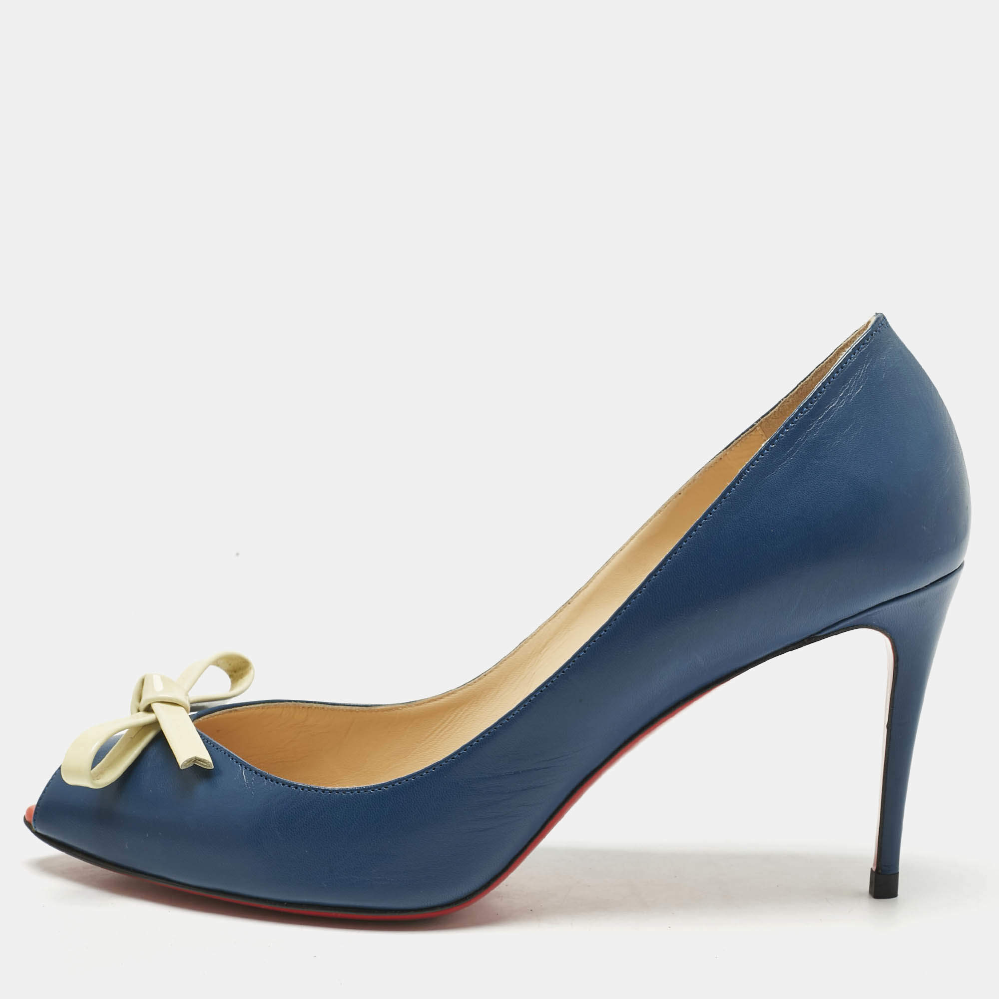 Pre Owned Christian Louboutin Navy Blue/Cream Leather Tibunodo Bow Peep Toe Pumps Size 40