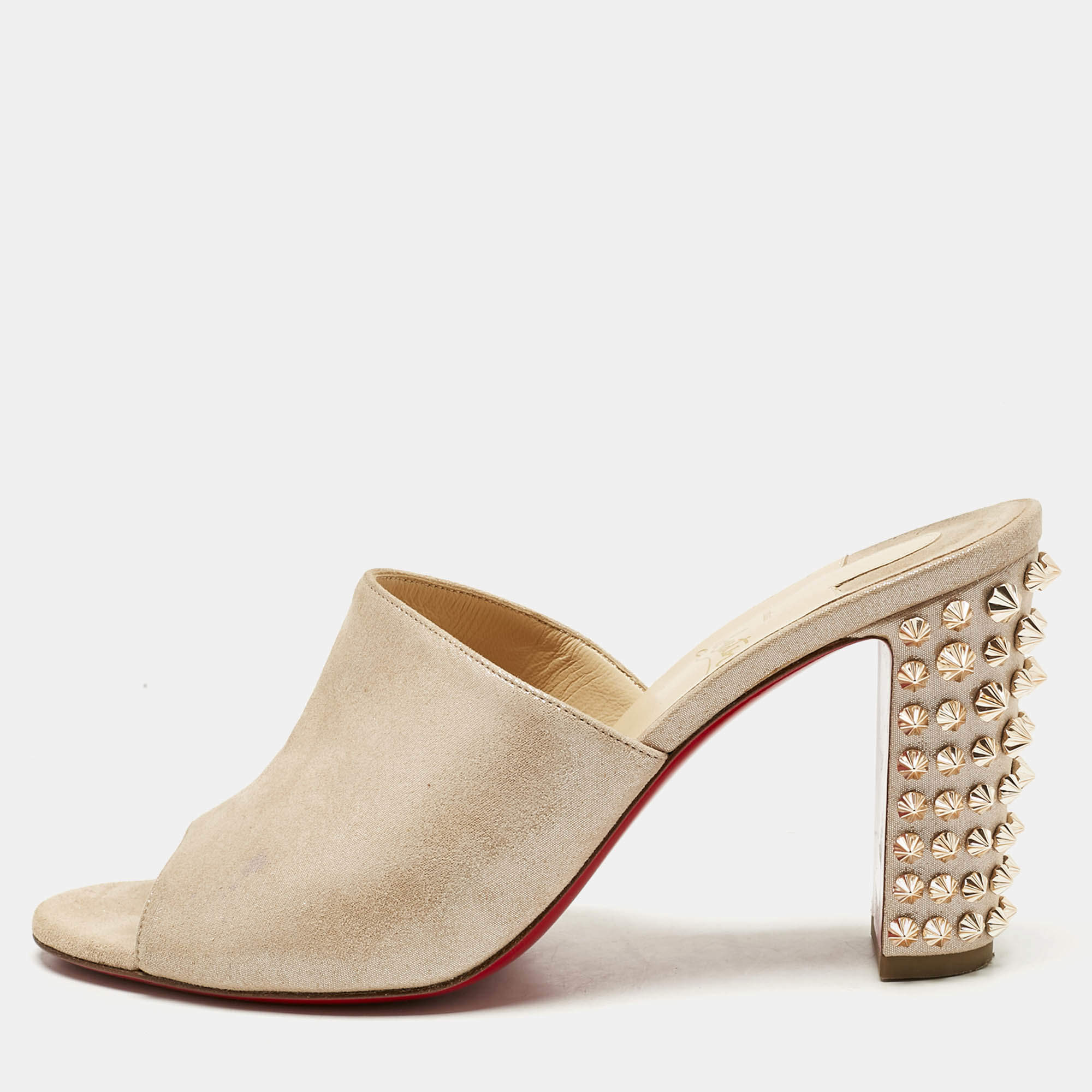Pre Owned Christian Louboutin Beige Metallic Embossed Suede Mulondon Slide Sandals Size 40.5