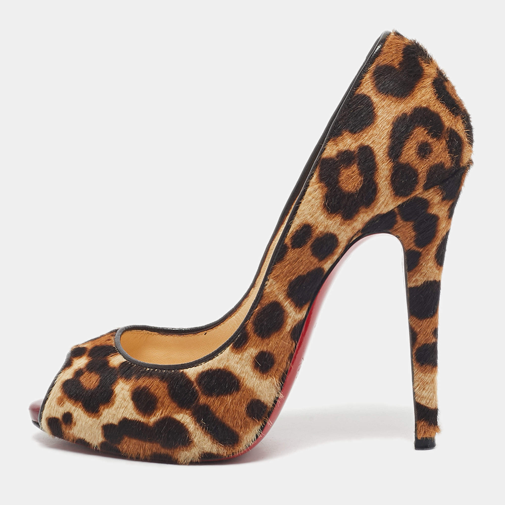 Pre Owned Christian Louboutin Brown Calf Hair Leopard Print Flo Peep Toe Pumps Size 35