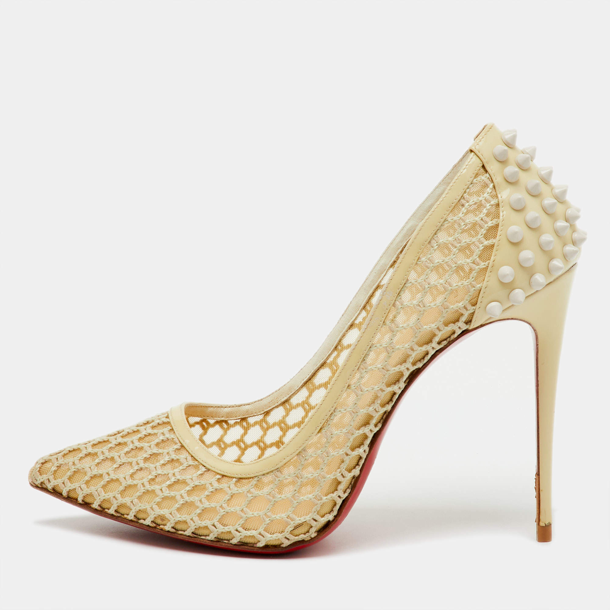 Pre Owned Christian Louboutin Cream Knit, Mesh and Patent Leather Guni Spike Pumps Size 39