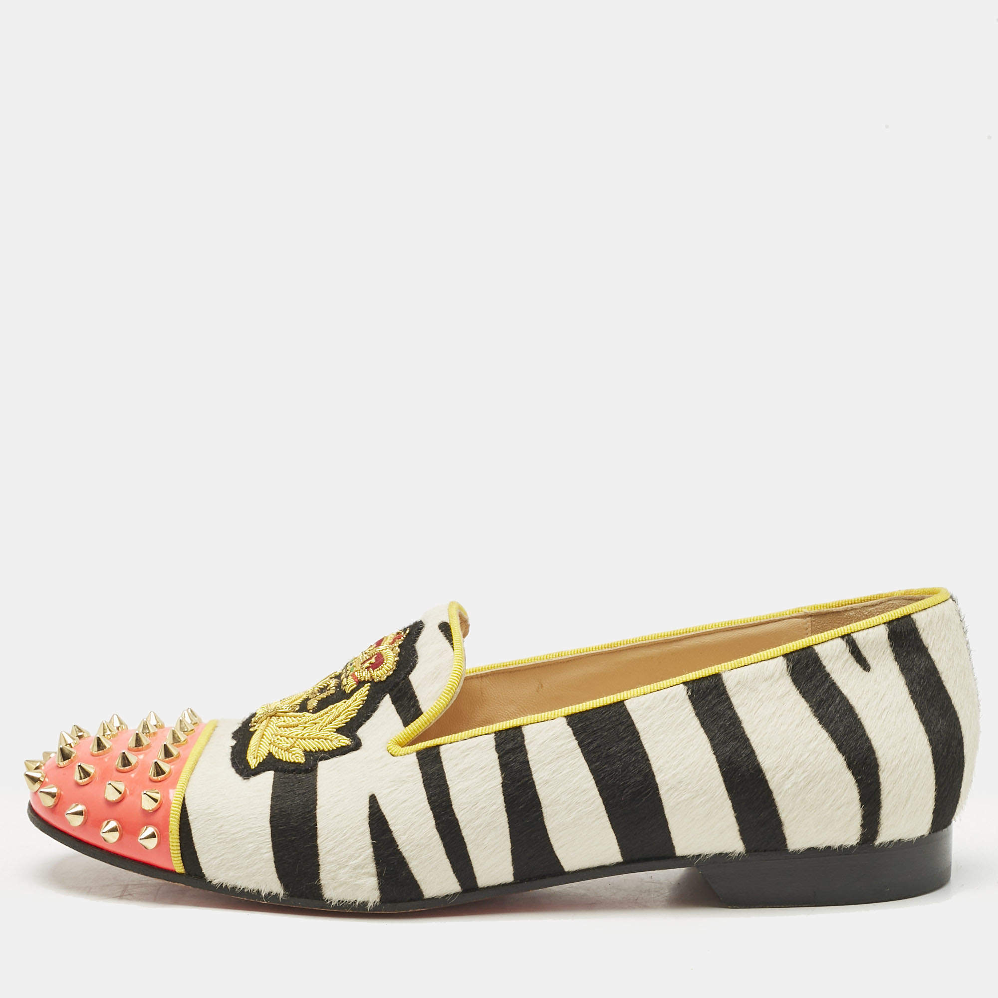 Pre Owned Christian Louboutin Multicolor Calf Hair Spike Embellished Smoking Slippers Size 39.5