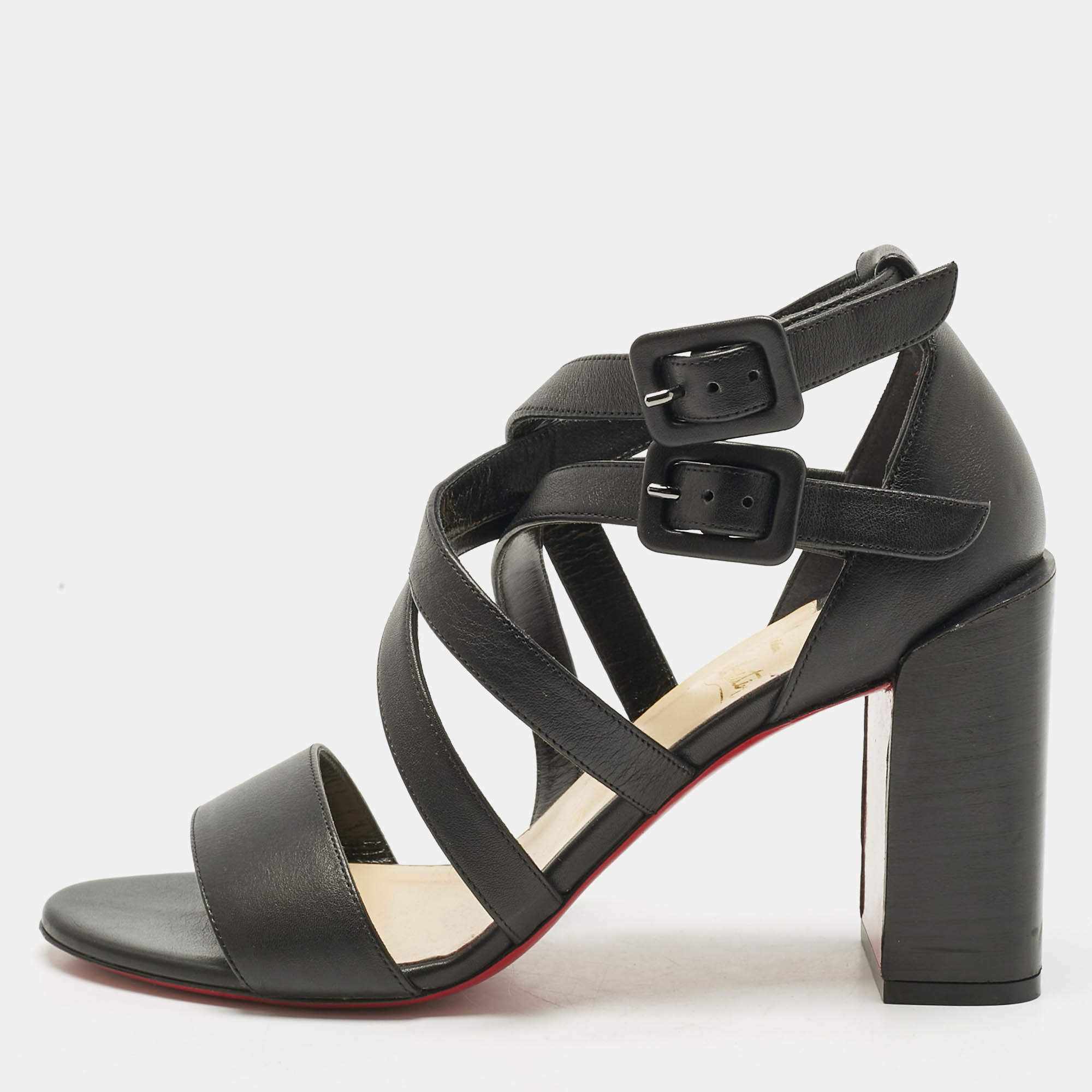 Pre Owned Christian Louboutin Black Leather Zefira Ankle Strap Block Heel Sandals Size 39