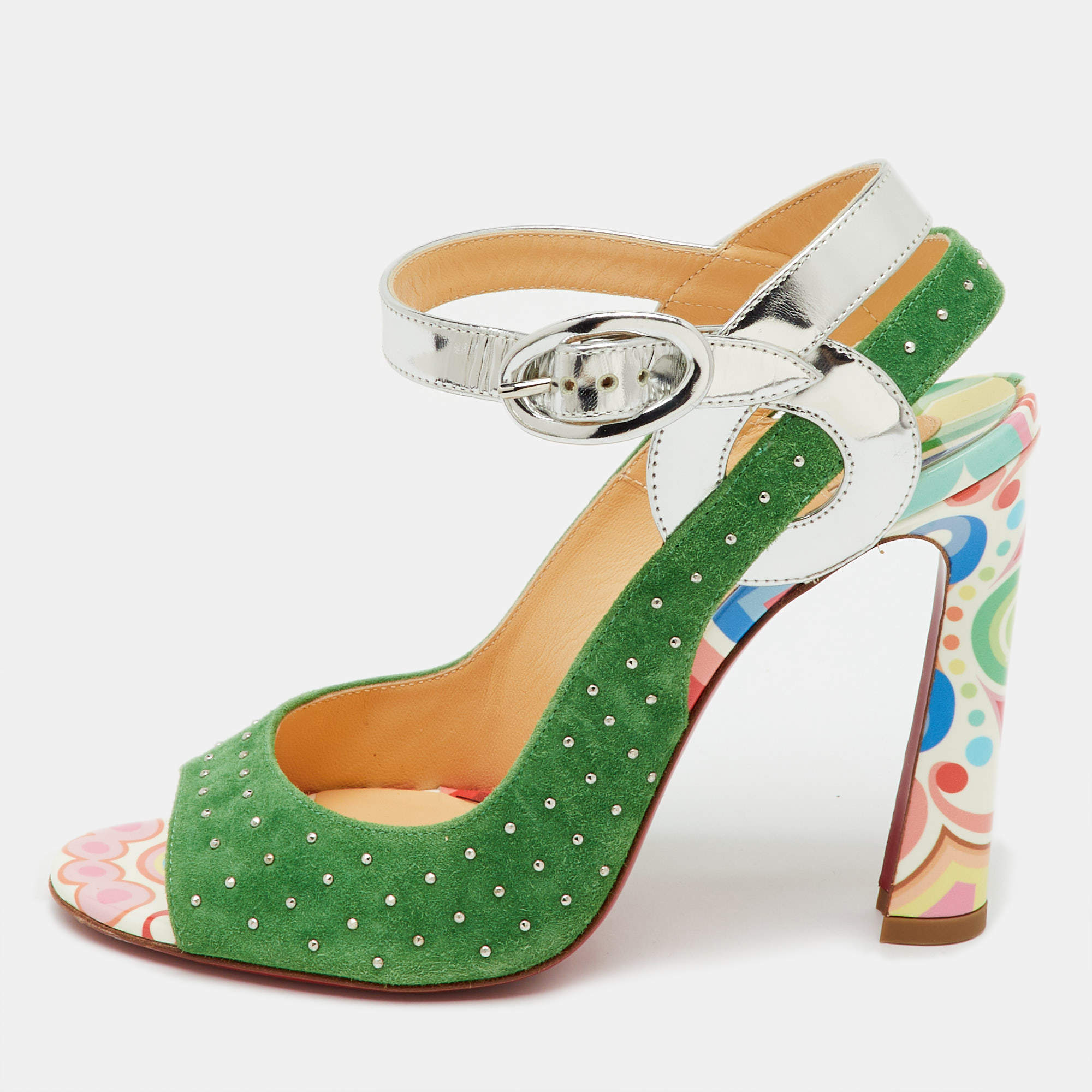 Pre Owned Christian Louboutin Green/Silver Suede and Laminated Leather Studded Loopinga Sandals Size 37