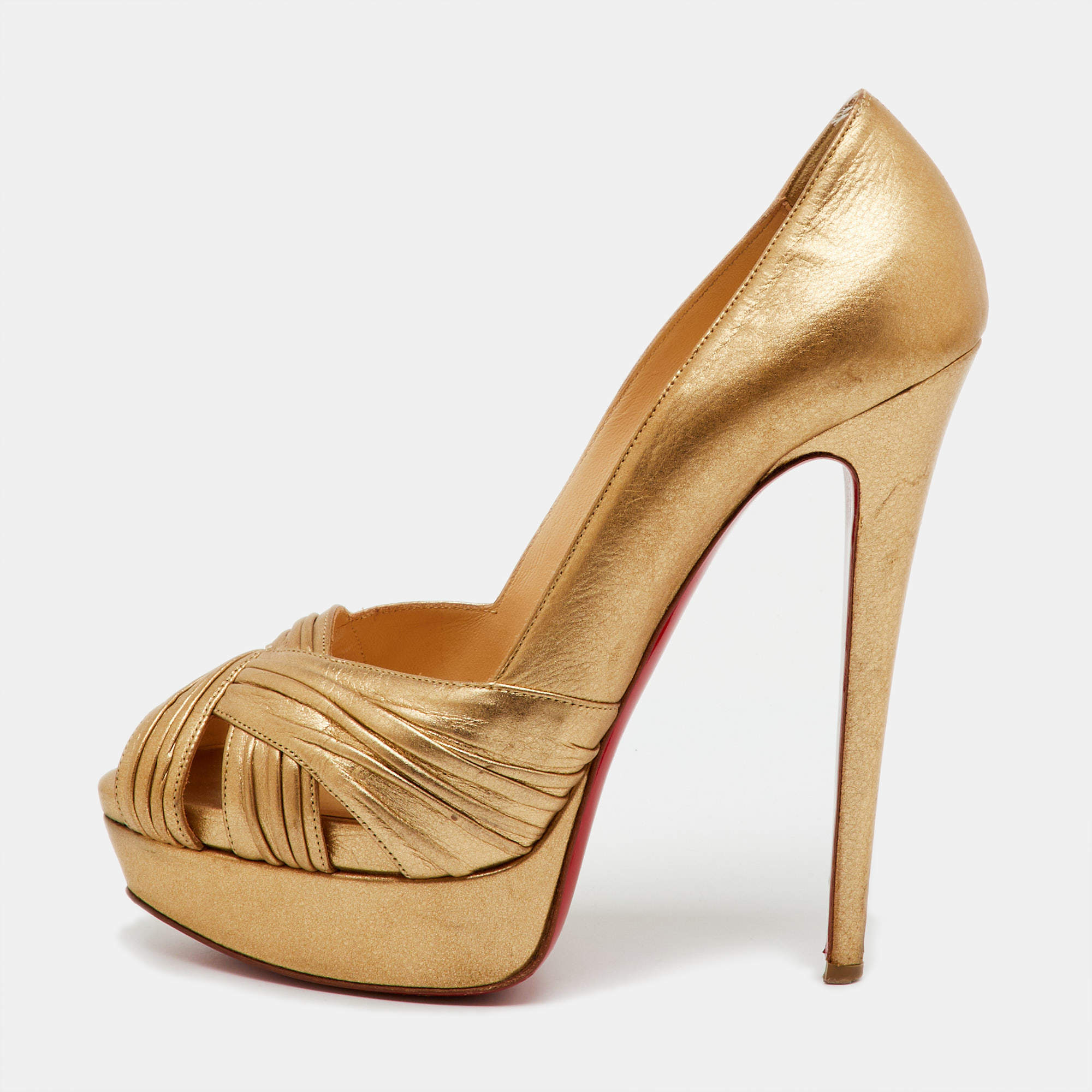 Pre Owned Christian Louboutin Gold Leather Aborina Peep Toe Platform Pumps Size 39