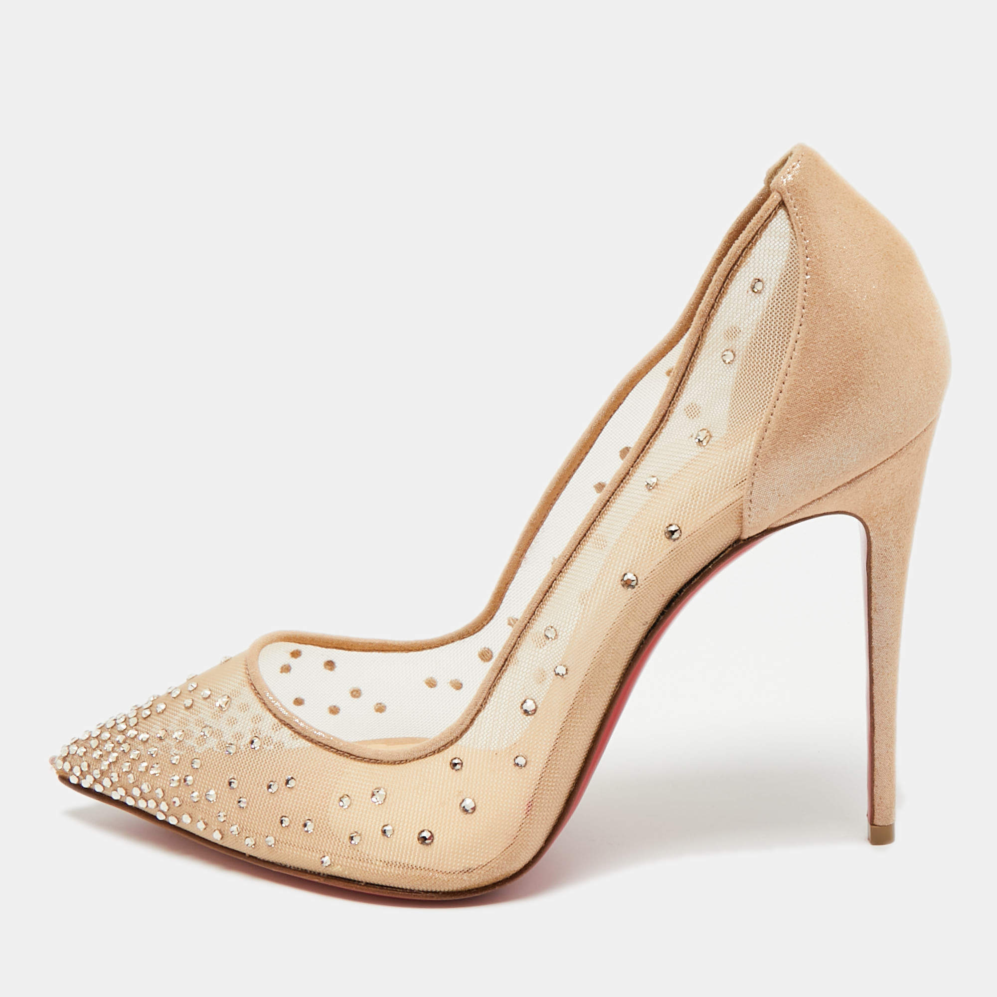 Pre Owned Christian Louboutin Beige Suede And Mesh Follies Strass Pumps Size 38