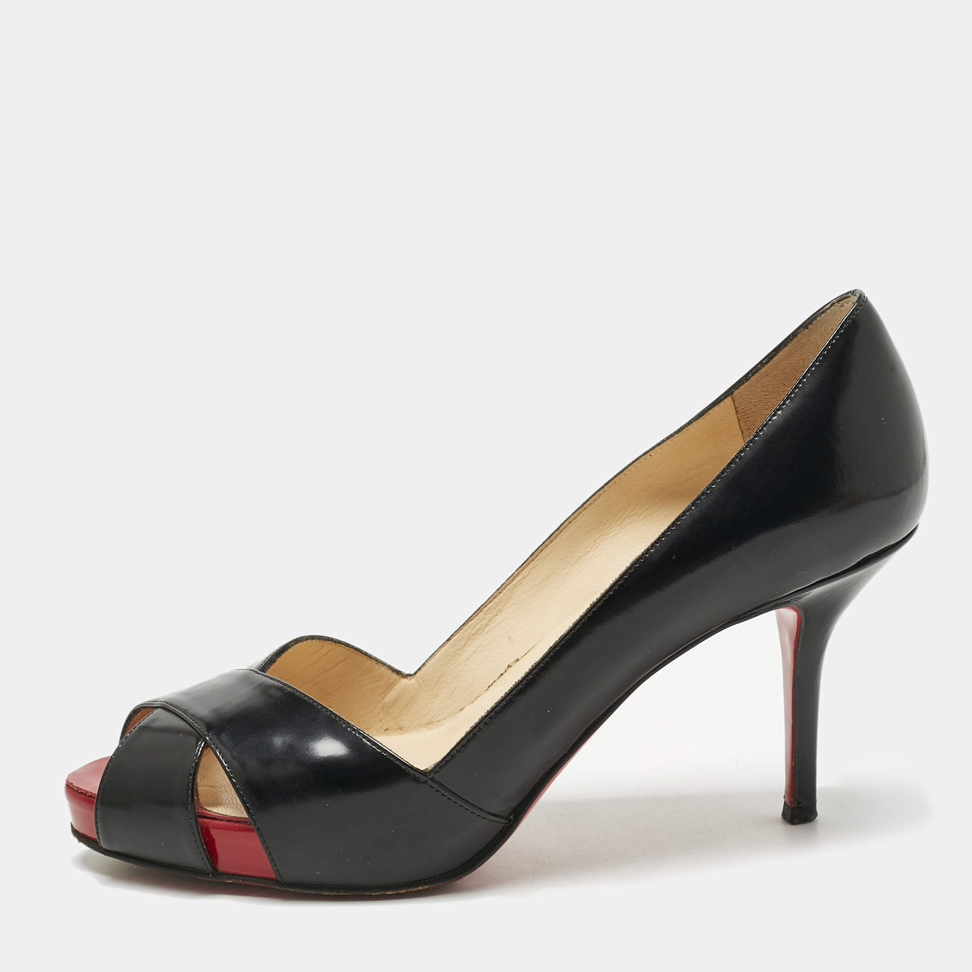 Pre Owned Christian Louboutin Black Leather Shelley Peep Toe Pumps Size 36.5