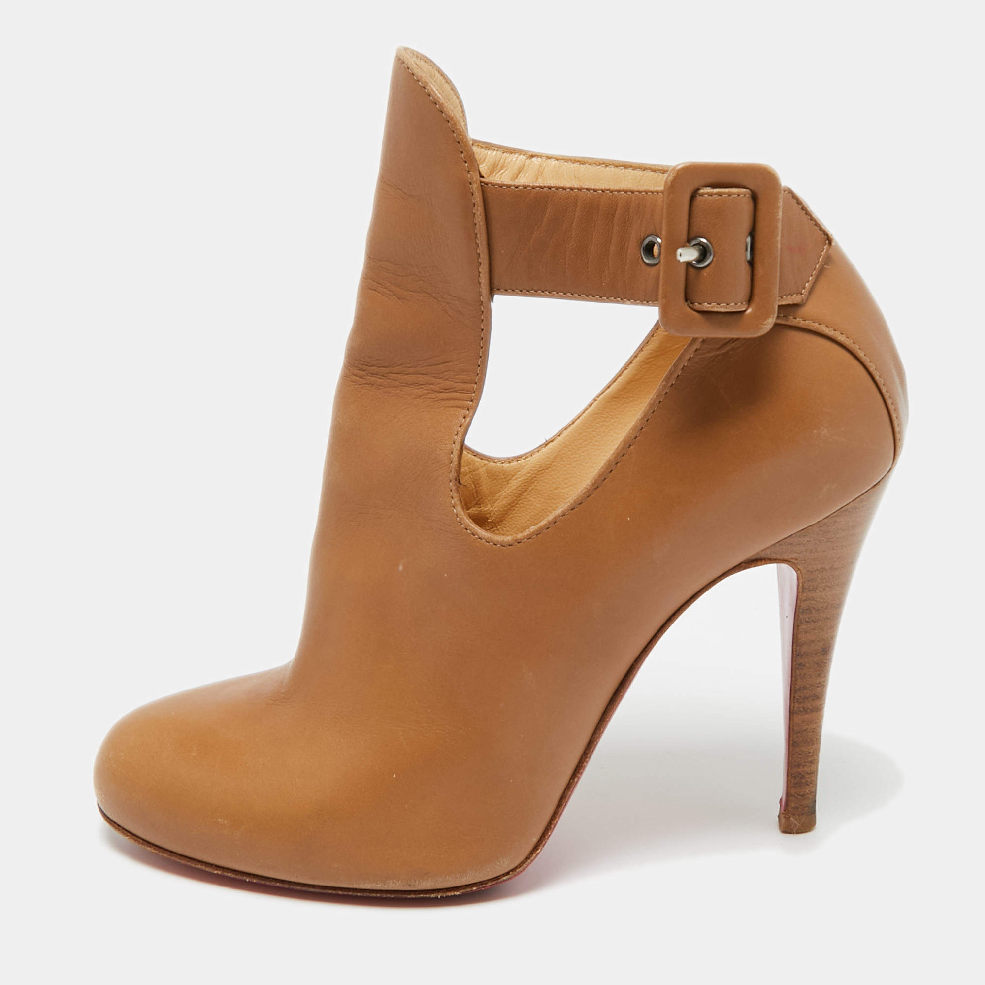 Pre Owned Christian Louboutin Brown Leather Cut Out Ankle Length Boots