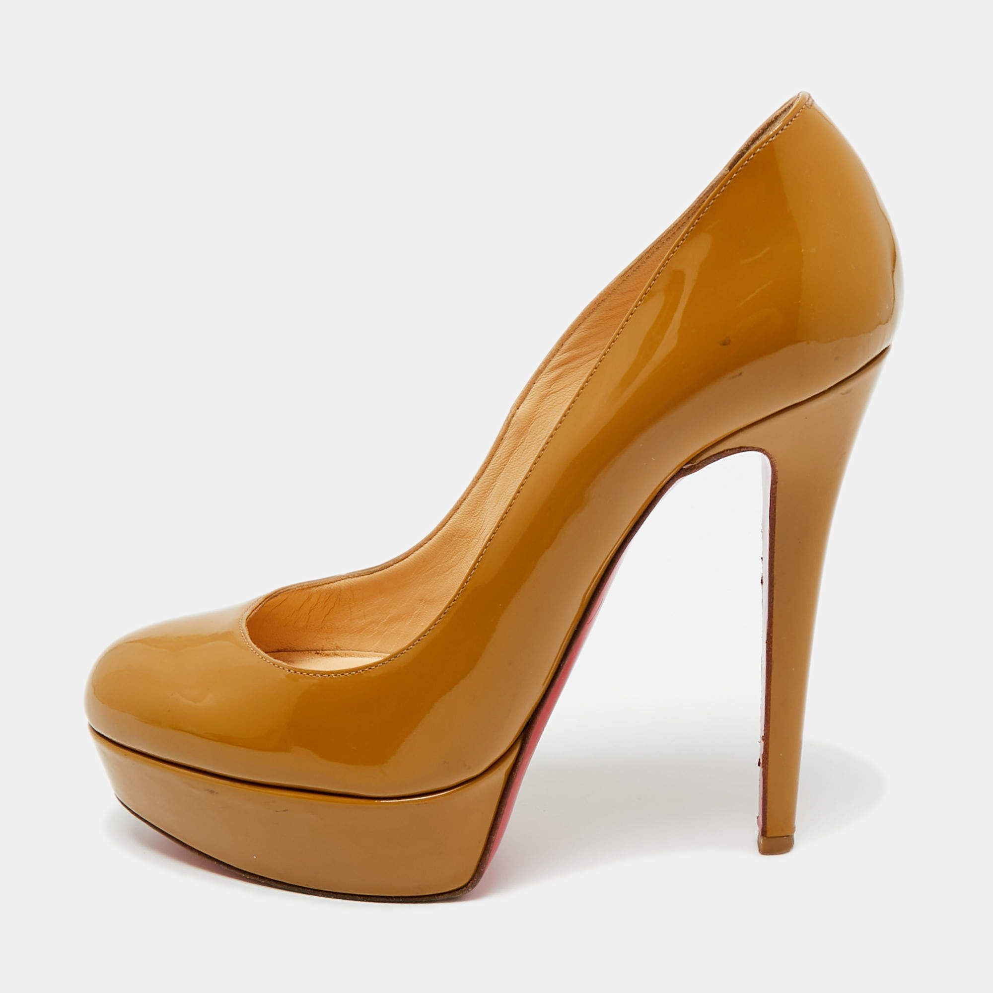Pre Owned Christian Louboutin Beige Patent Leather Bianca Platform Pumps Size 36.5