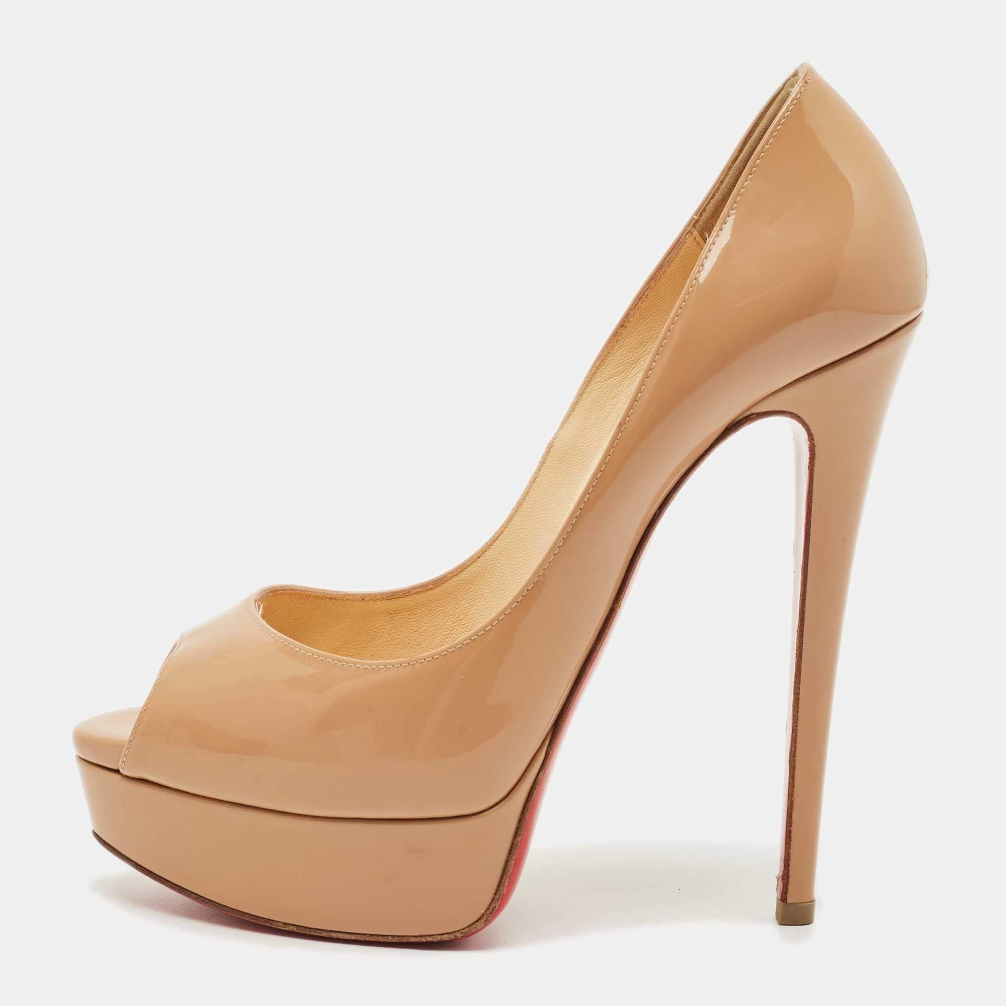 Pre Owned Christian Louboutin Beige Patent Leather Lady Peep Peep Toe Pumps Size 37