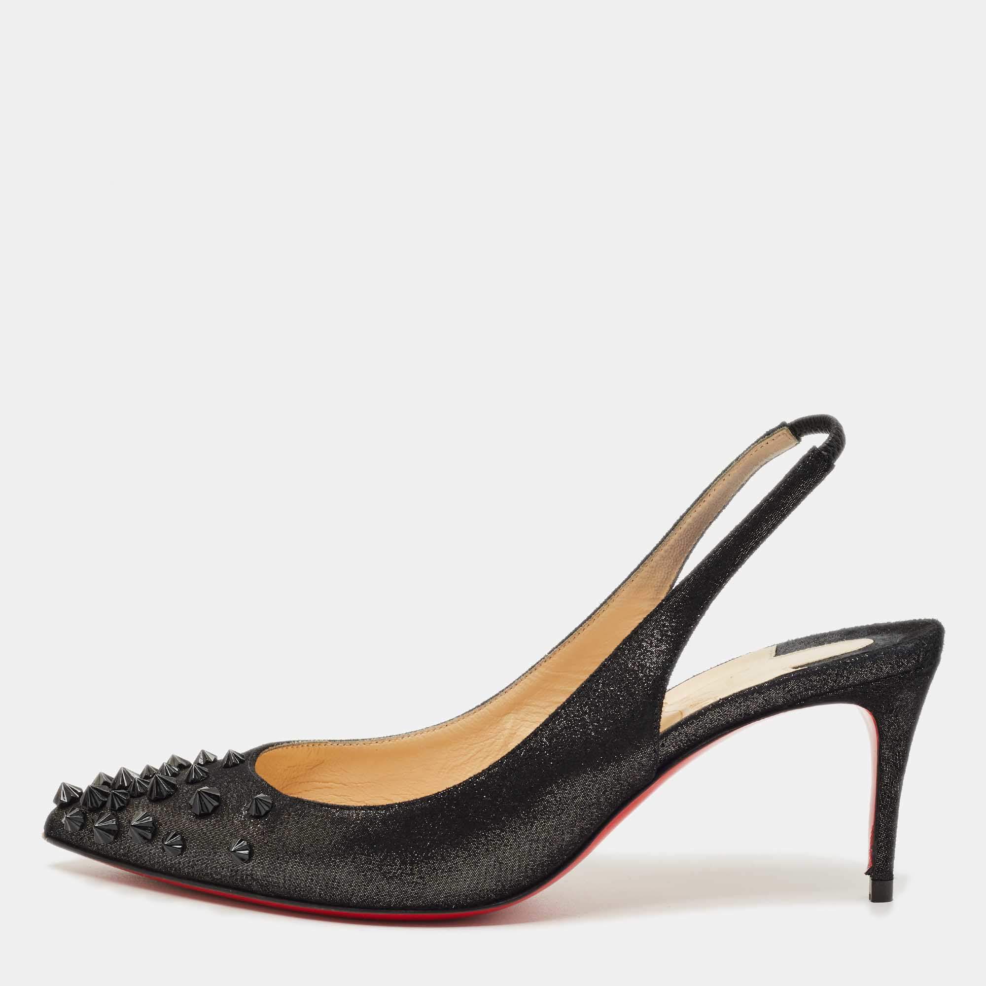 Pre Owned Christian Louboutin Black Suede Drama Spikes Slingback Pumps Size 36
