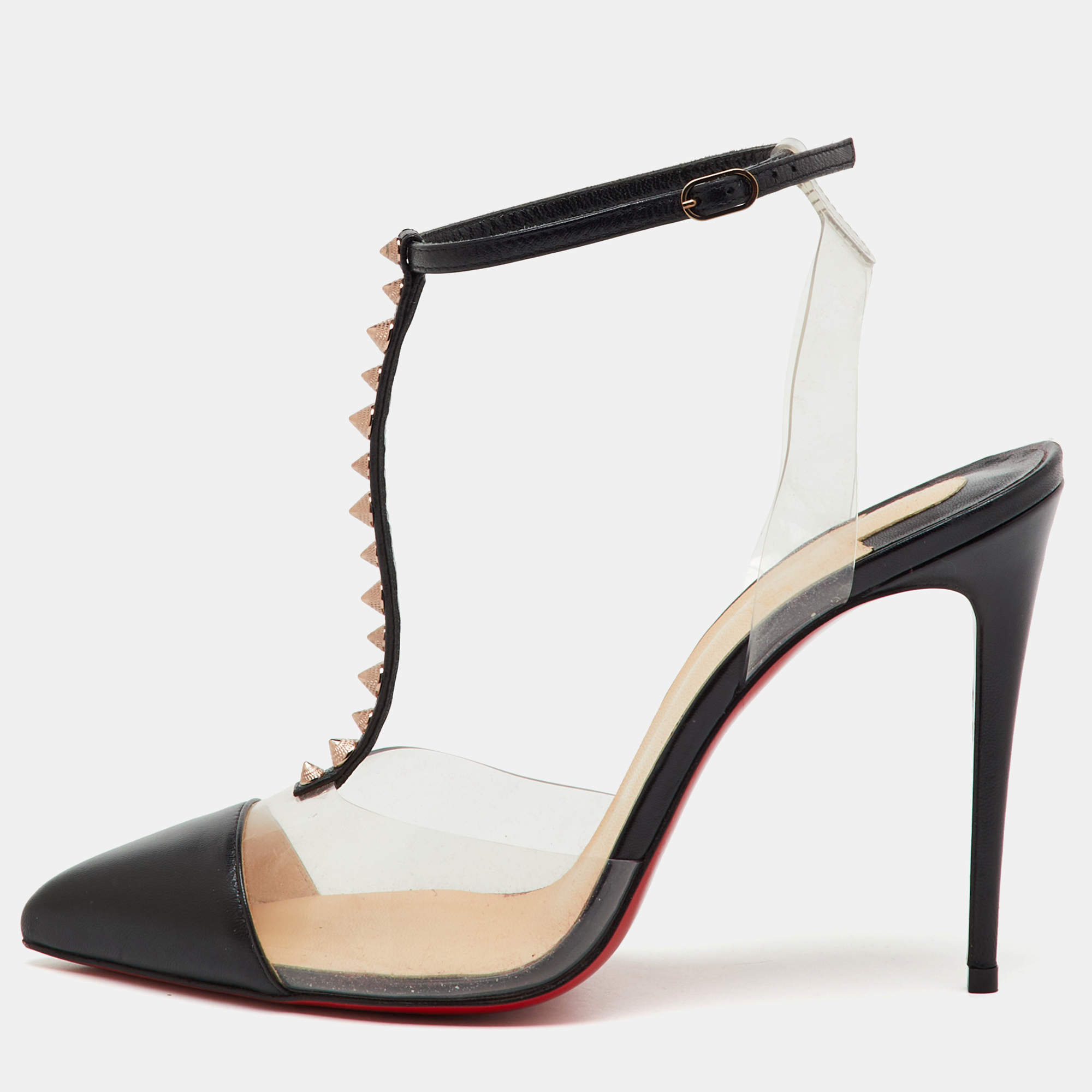 Pre Owned Christian Louboutin Black Leather and PVC Nosy Spikes T-Strap Sandals Size 38