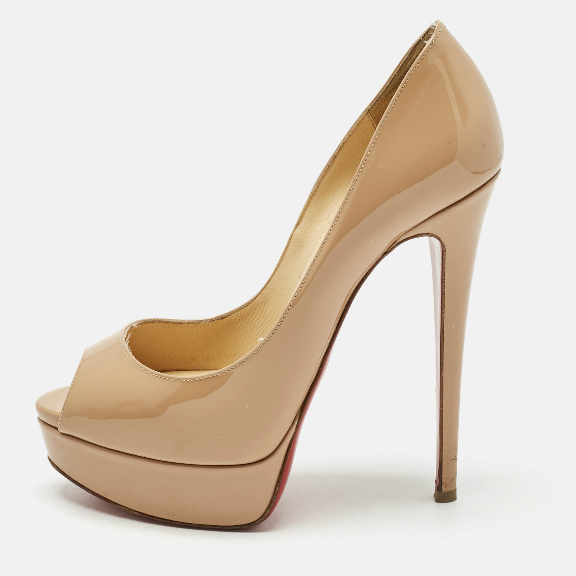 Pre Owned Christian Louboutin Beige Patent Leather Very Prive Peep Toe Pumps Size 37