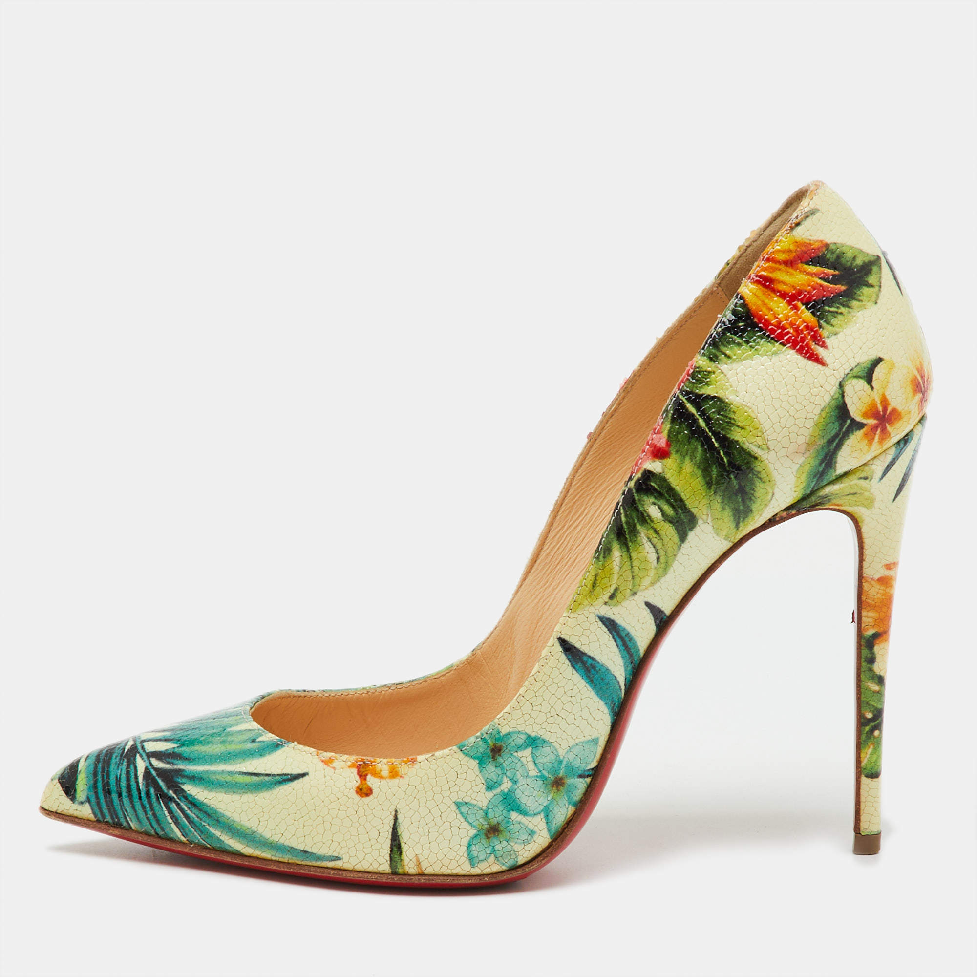 Pre Owned Christian Louboutin Multicolor Hawaii Floral Print Crackled Patent Leather So Kate Pumps Size 37