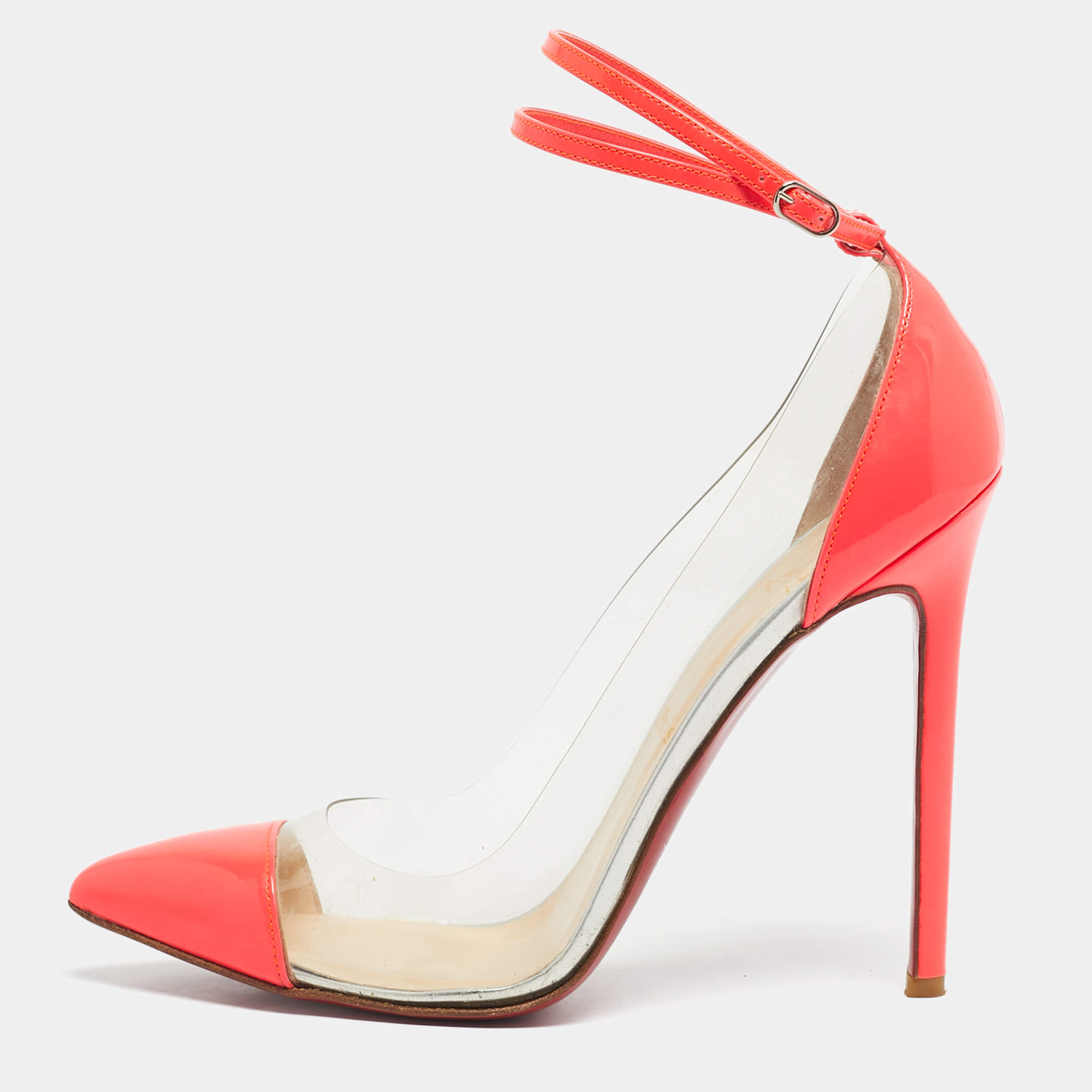 Pre Owned Christian Louboutin Pink Patent Leather and PVC Bis Un Bout Mary Jane Pumps Size 37.5