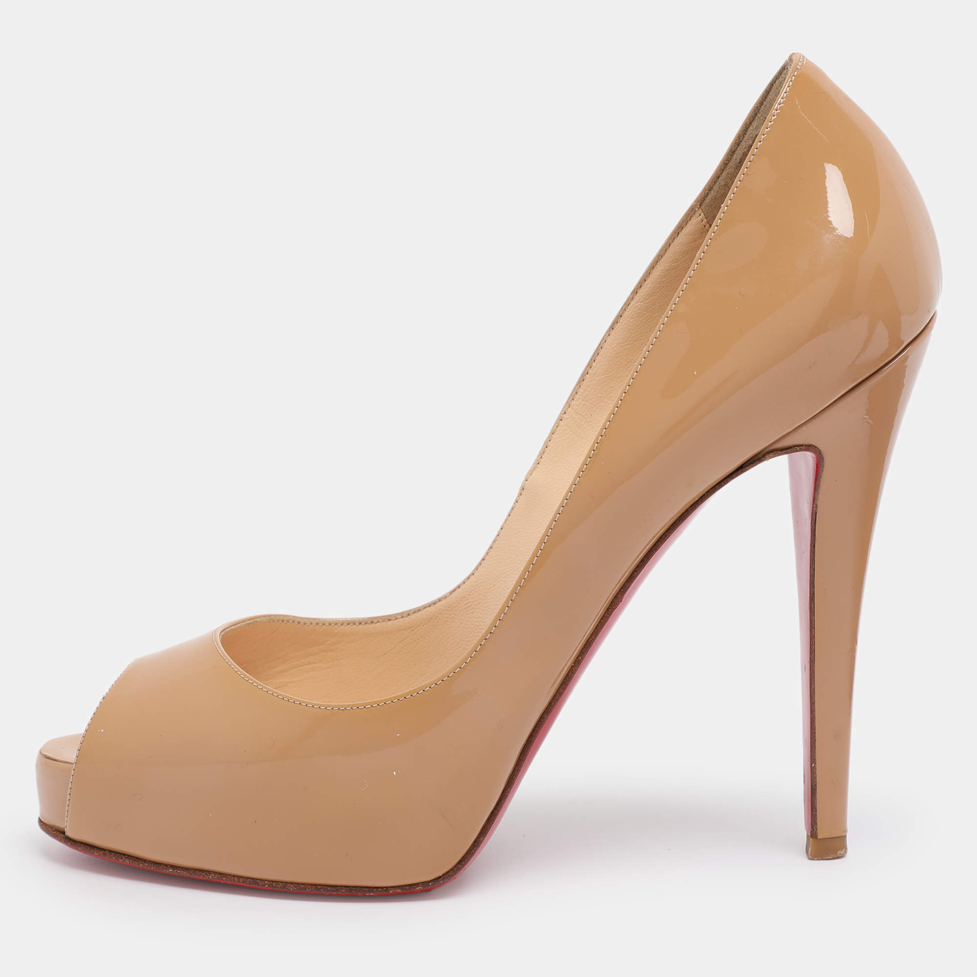 Pre Owned Christian Louboutin Beige Patent Leather Very Prive Peep Toe Platform Pumps Size 37