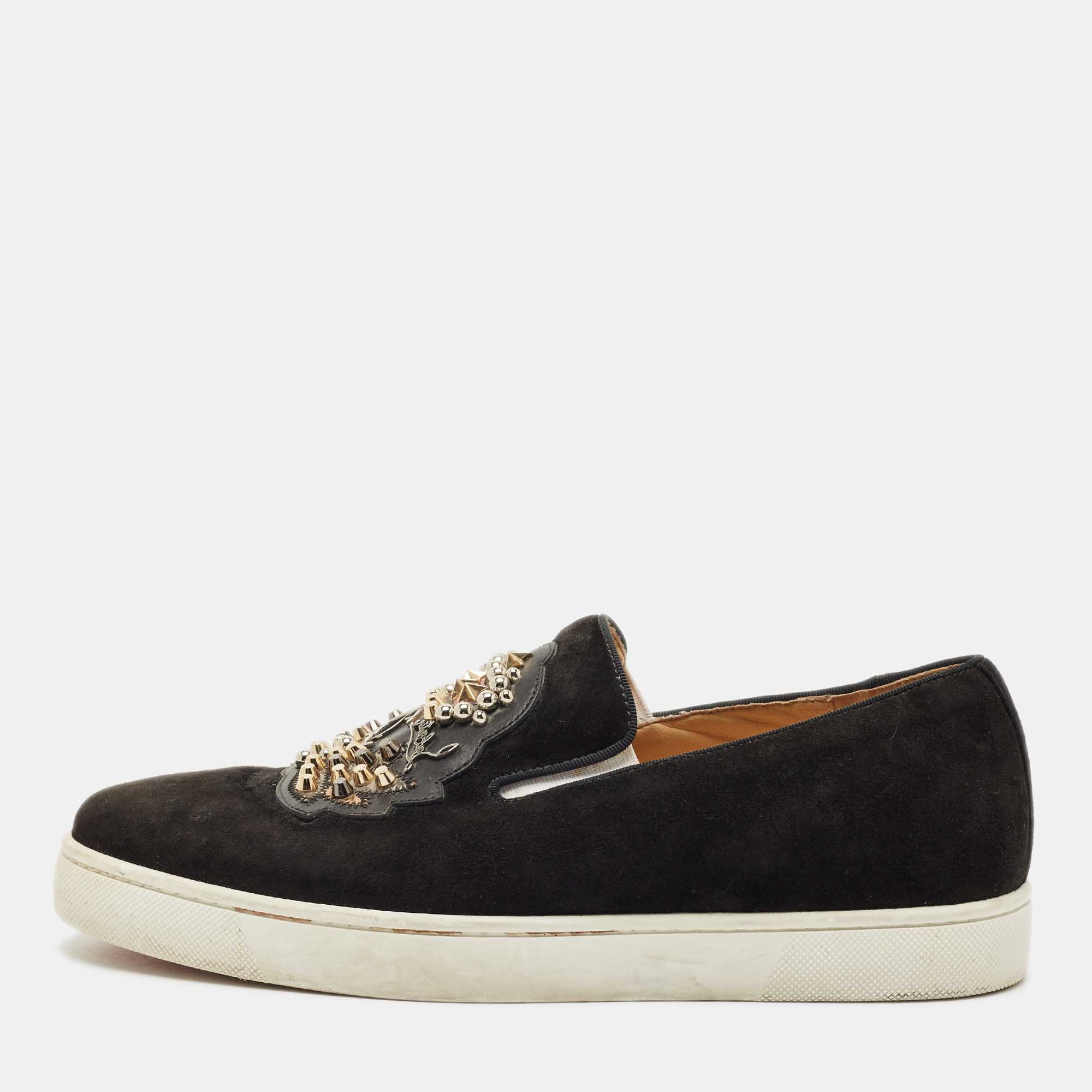 Pre Owned Christian Louboutin Black Suede Embellished Slip On Sneakers Size 39