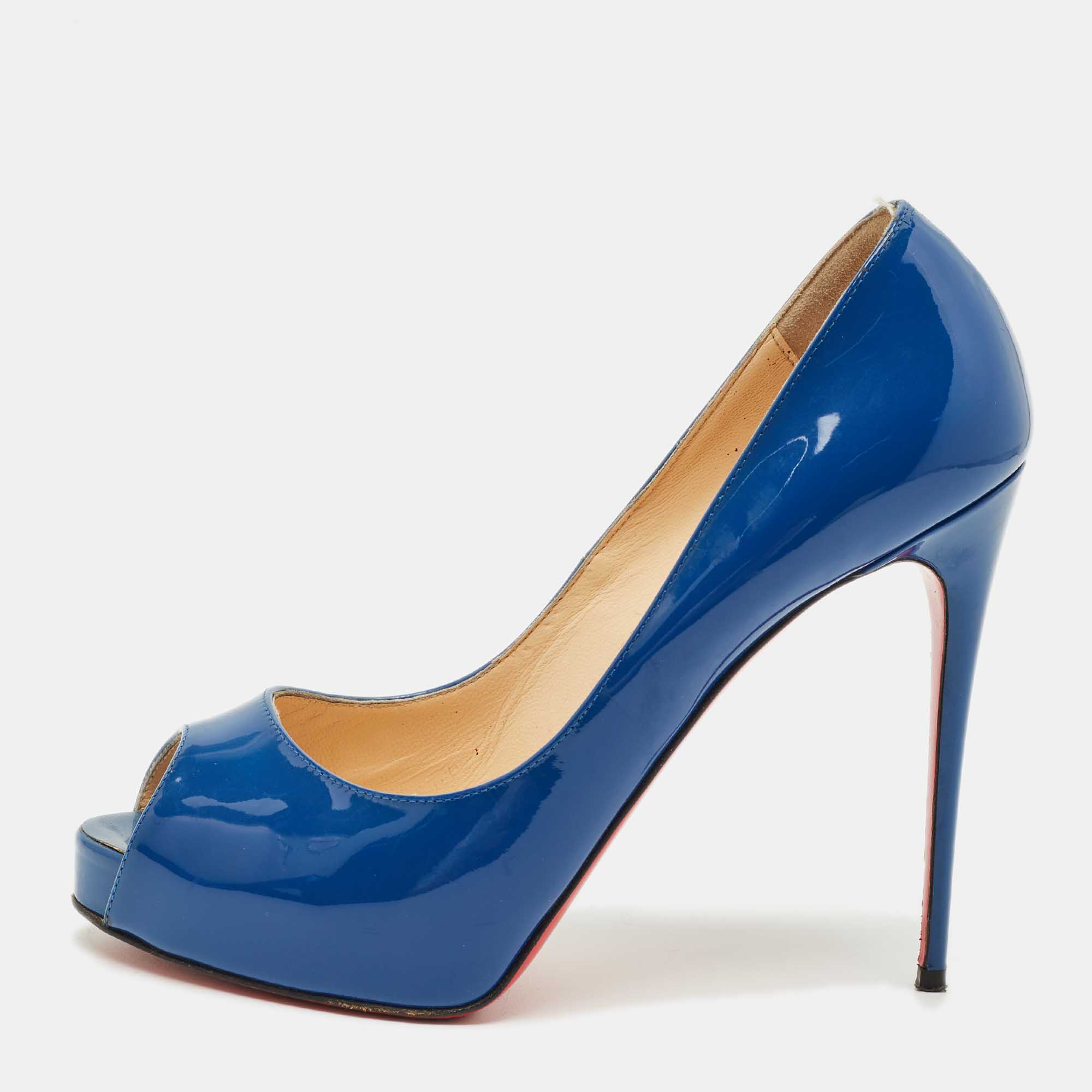 Pre Owned Christian Louboutin Blue Patent Leather Very Prive Peep Toe Pumps Size 38