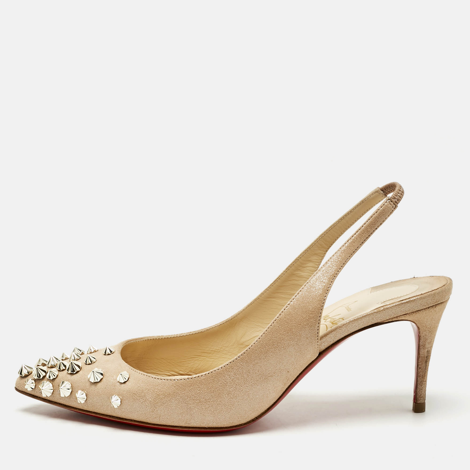 Pre Owned Christian Louboutin Metallic Beige Suede Drama Spikes Slingback Pumps Size 36