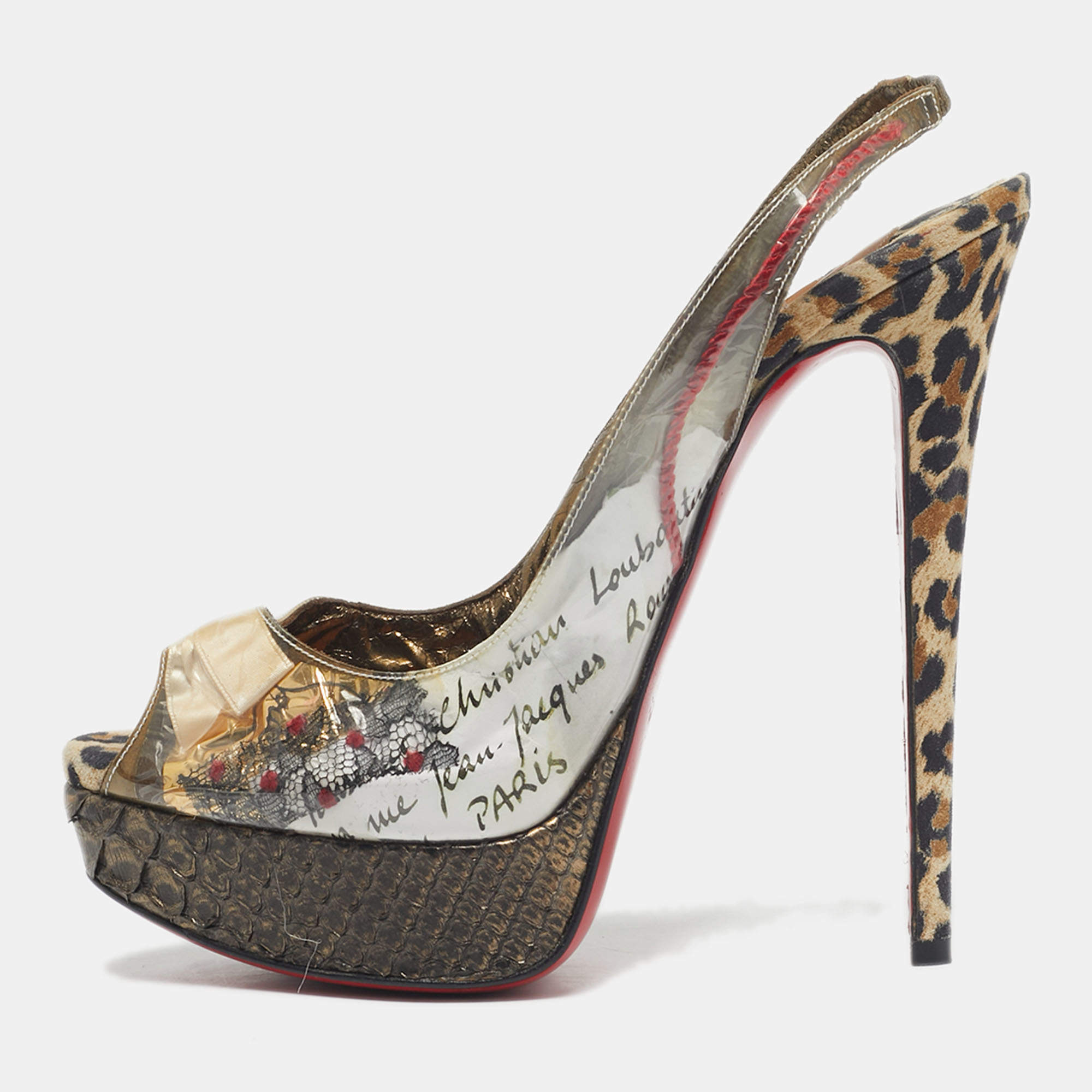 Pre Owned Christian Louboutin Multicolor Python Leather and PVC Eco Trash Platform Pumps Size 38.5