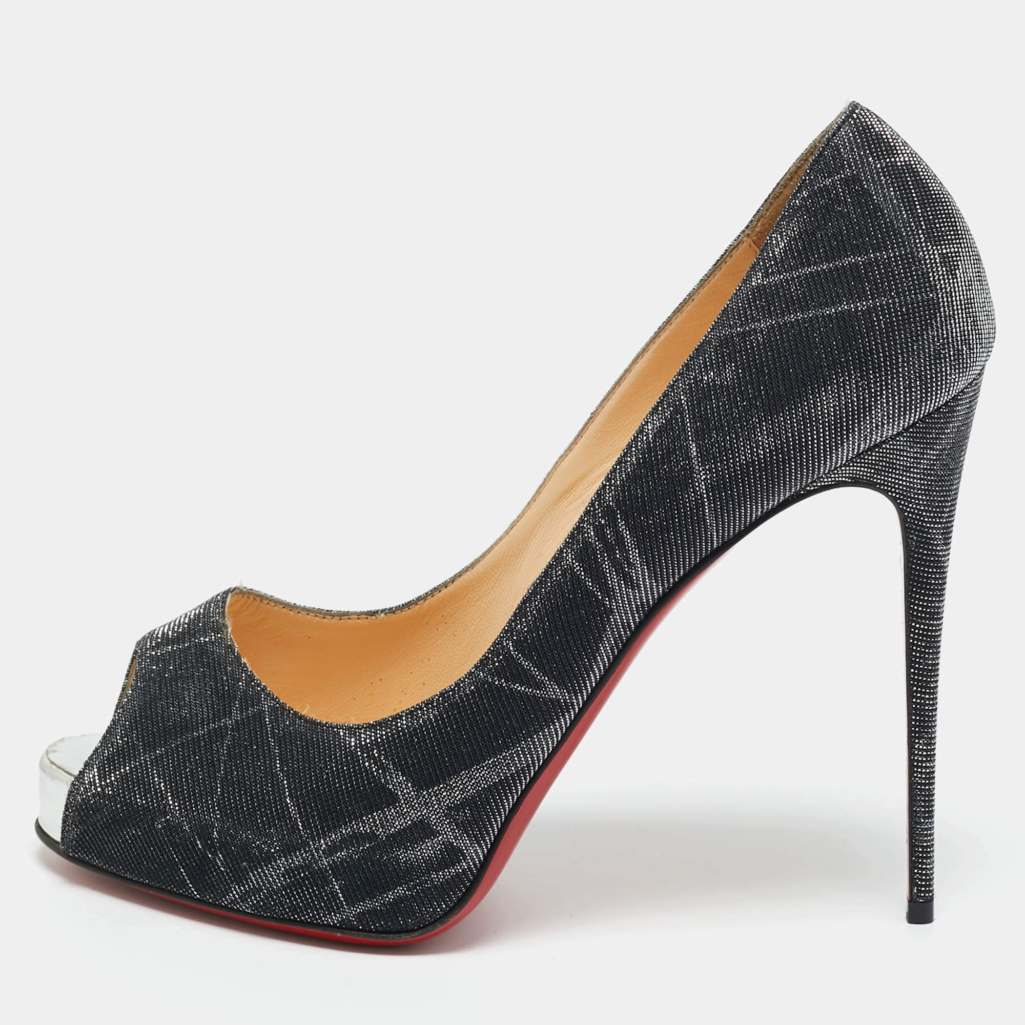 Pre Owned Christian Louboutin Black Glitter Fabric New Very Prive Platform Peep Toe Pumps Size 39