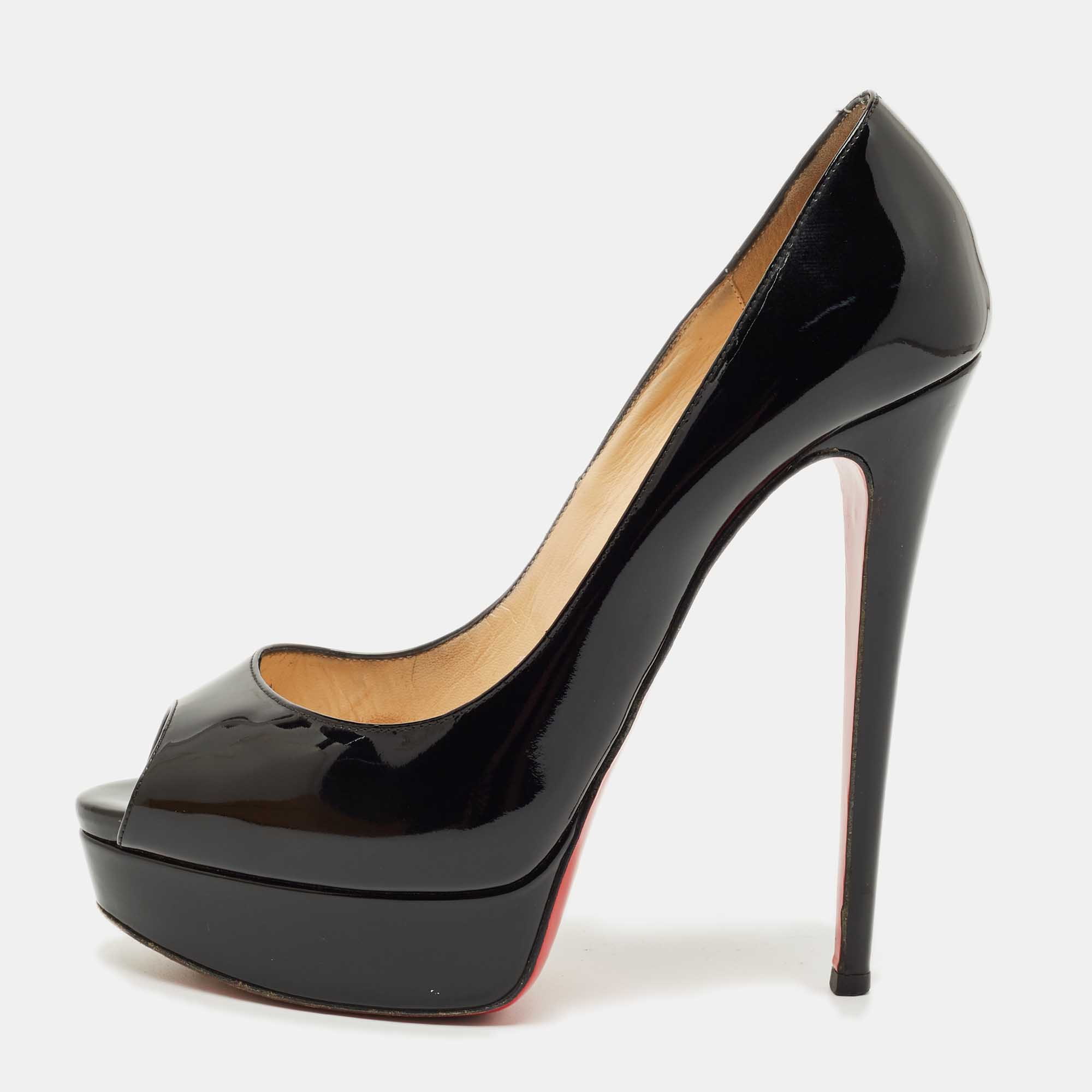 Pre Owned Christian Louboutin Black Patent Leather Lady Peep Toe Platform Pumps Size 39.5