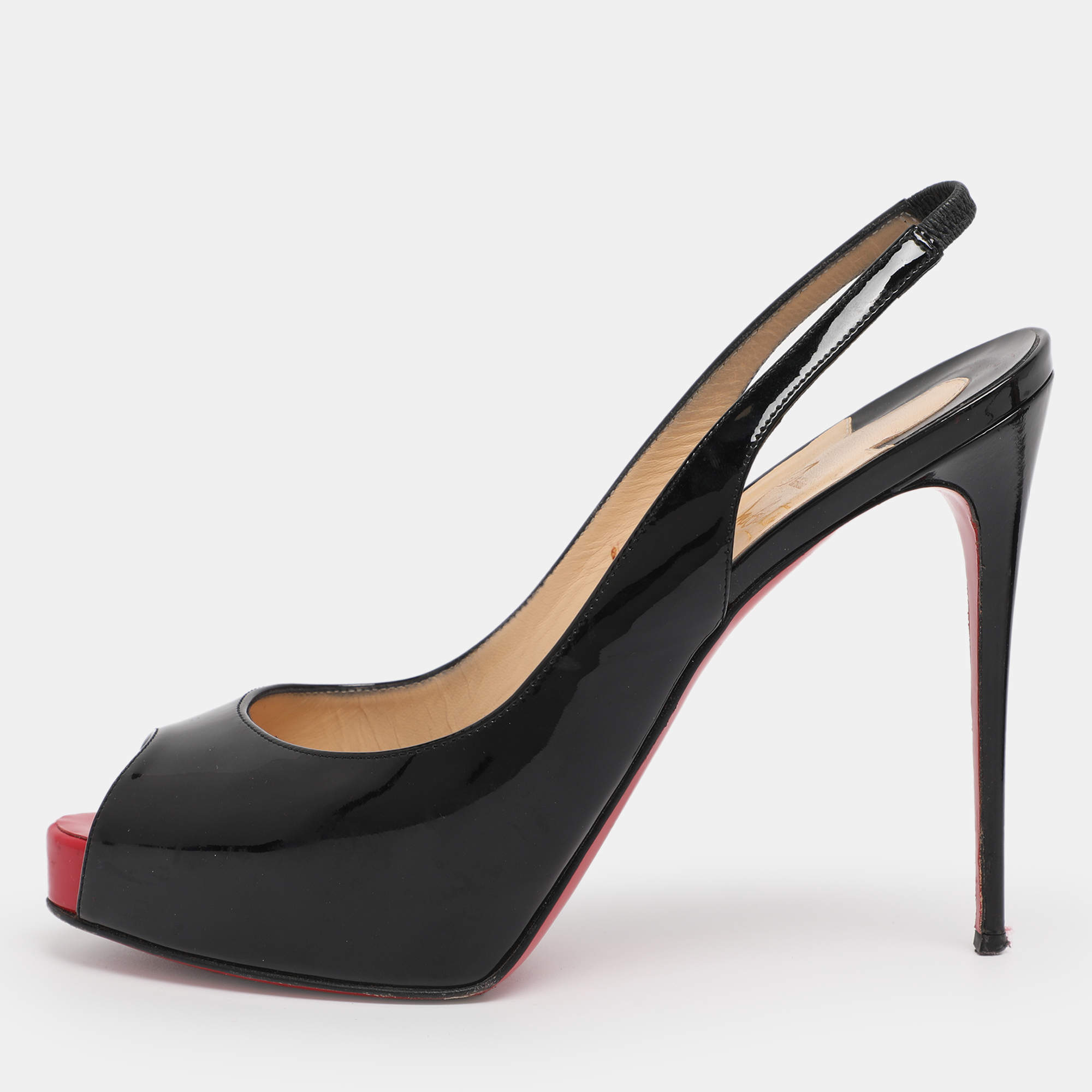 Pre Owned Christian Louboutin Black Patent Leather Private Number Slingback Pumps Size 38.5