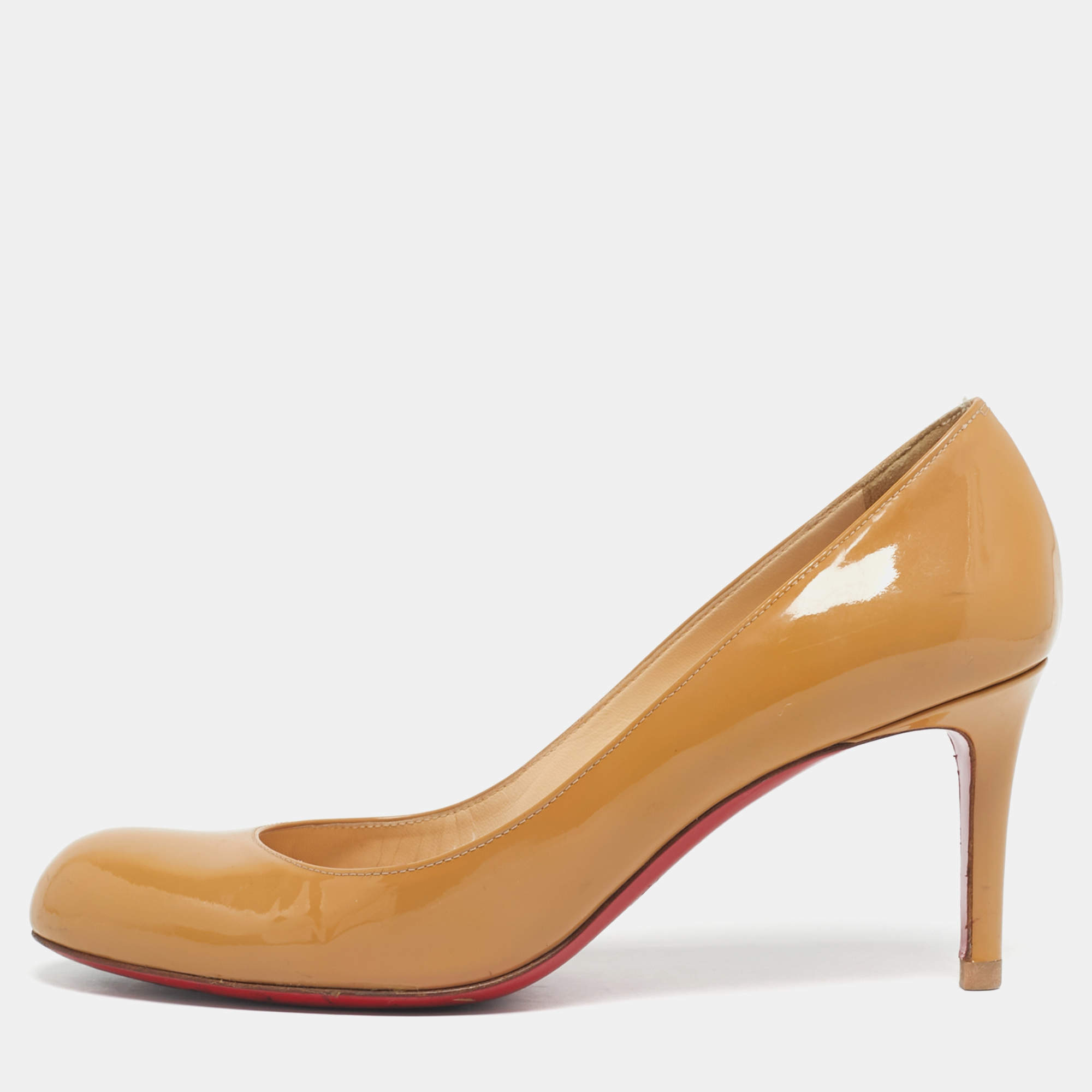 Pre Owned Christian Louboutin Beige Patent Leather Simple Pumps Size 38