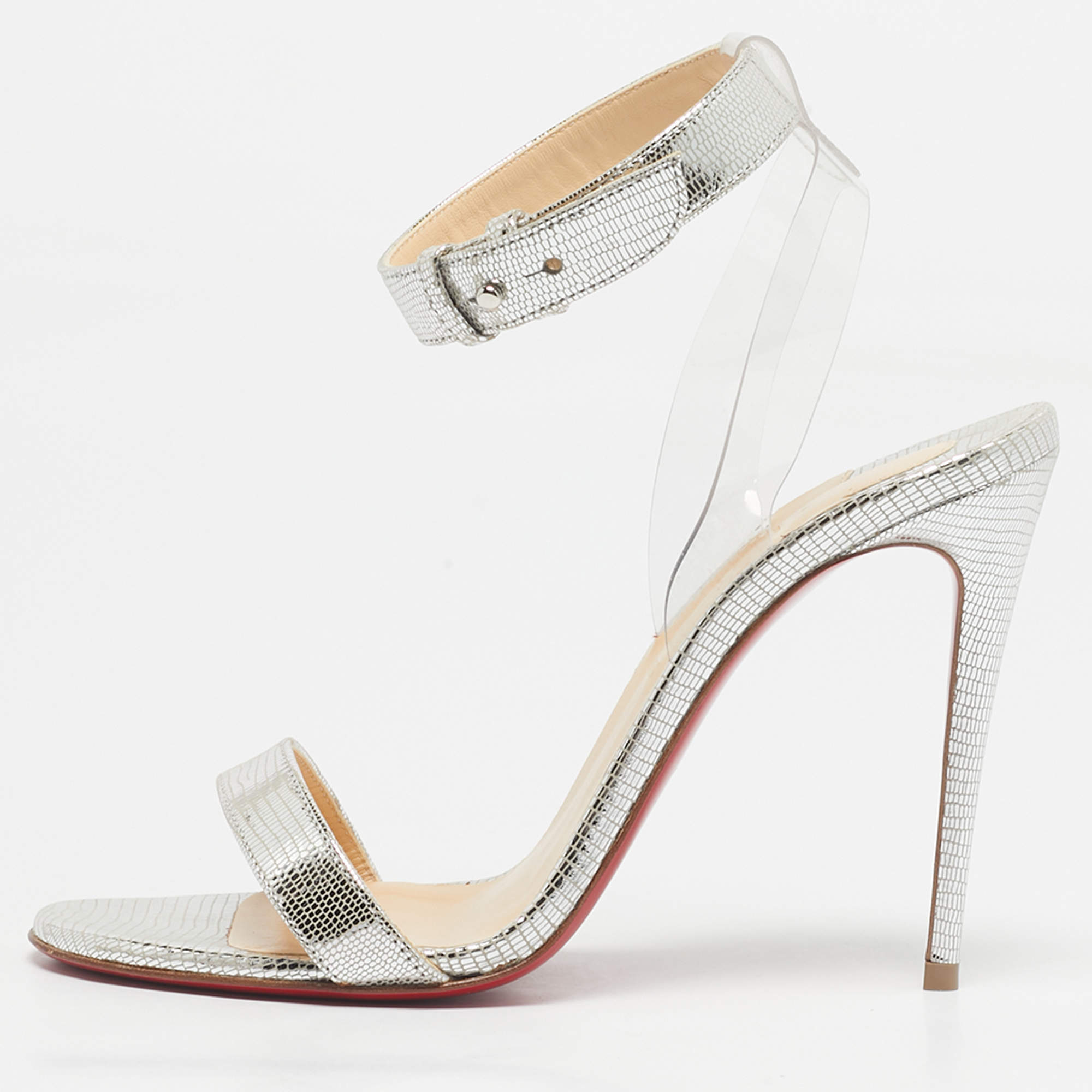 Pre Owned Christian Louboutin Silver/Transparent Leather And PVC Jonatina Sandals Size 36