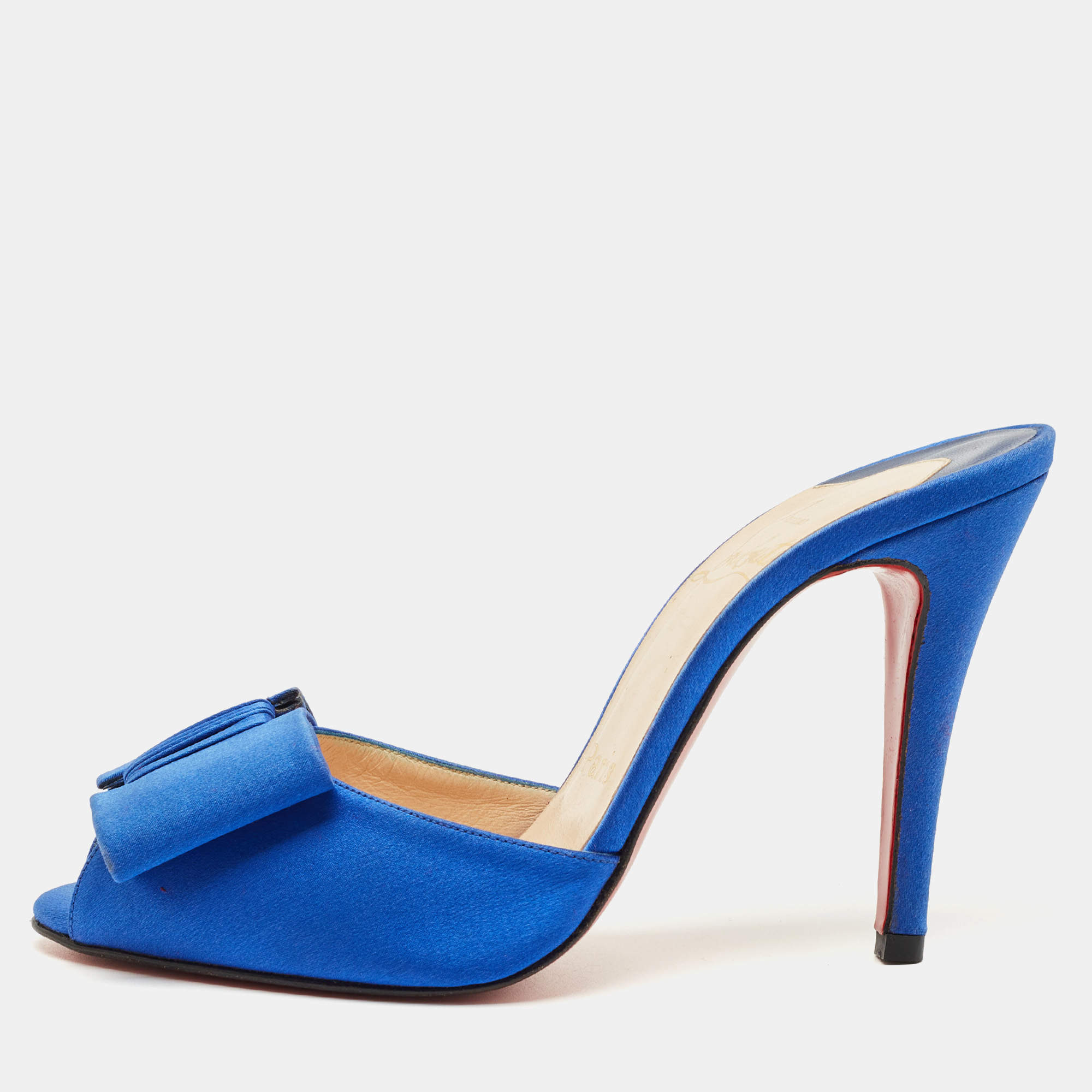 Pre Owned Christian Louboutin Blue Satin Joli-Noeud Slide Sandals Size 36.5