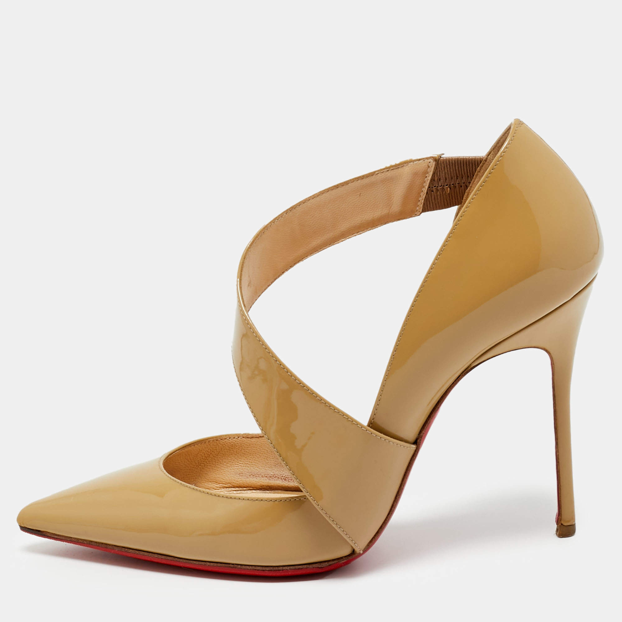 Pre Owned Christian Louboutin Beige Patent Leather Ograde D'orsay Pumps Size 36.5