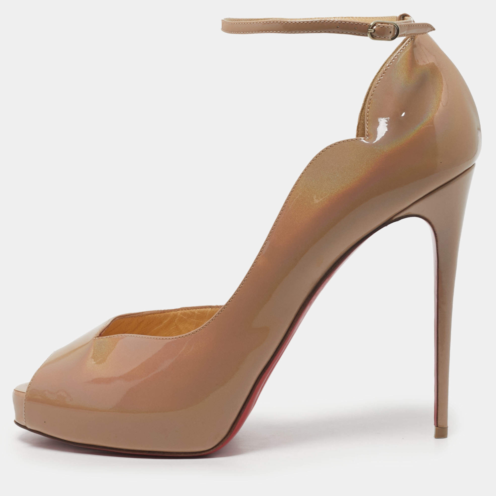 Pre Owned Christian Louboutin Beige Patent Leather Aketata Peep Toe Ankle Wrap Pumps Size 41