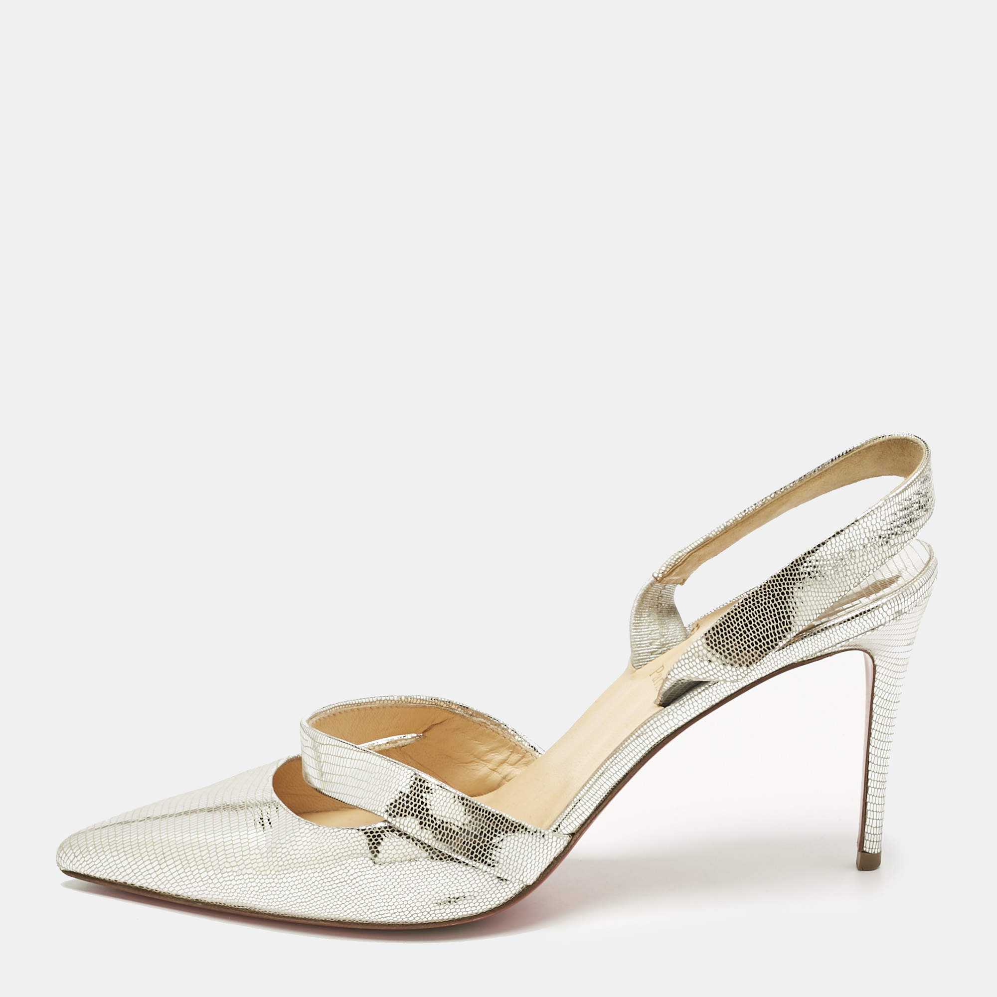 Pre Owned Christian Louboutin Silver texture Leather Actina Slingback Sandals Size 38
