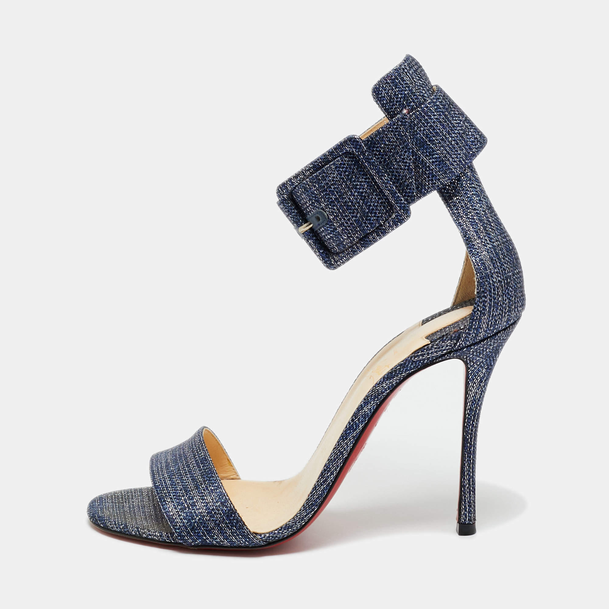 Pre Owned Christian Louboutin Blue Tweed Ankle Strap Sandals Size 37.5