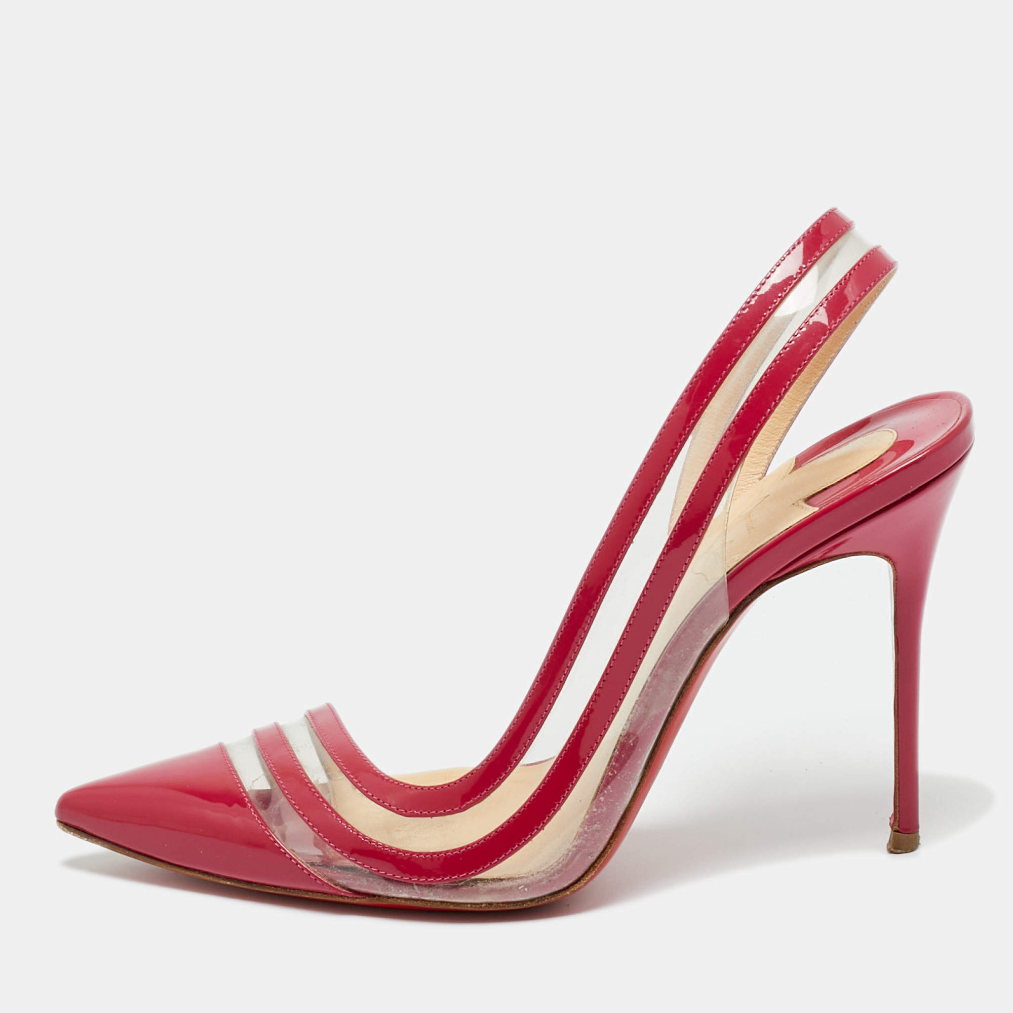 Pre Owned Christian Louboutin Red/Transparent Patent Leather and PVC Paralili Pumps Size 37.5