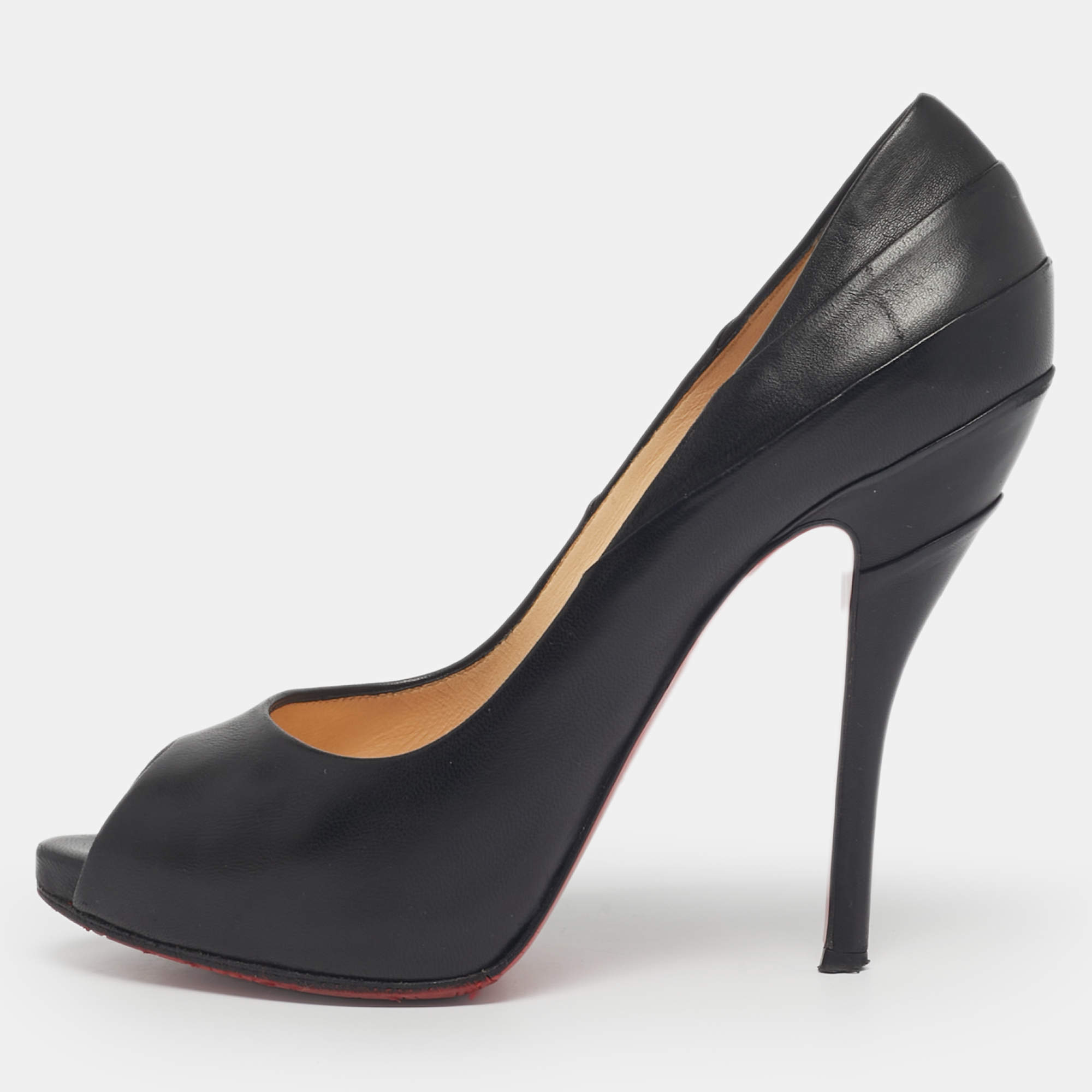 Pre Owned Christian Louboutin Black Leather Peep Toe Pumps Size 38.5