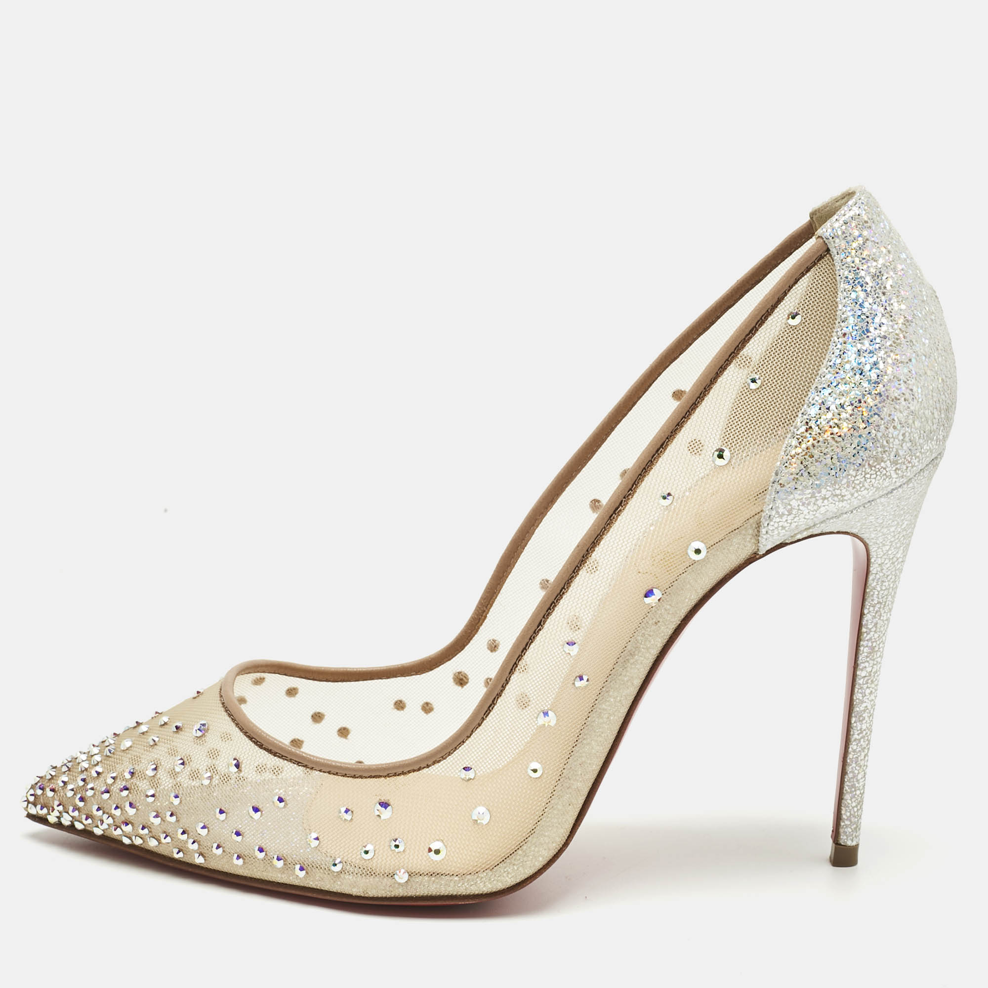 Pre Owned Christian Louboutin Silver/Beige Lace and Mesh Follies Strass Pumps Size 36