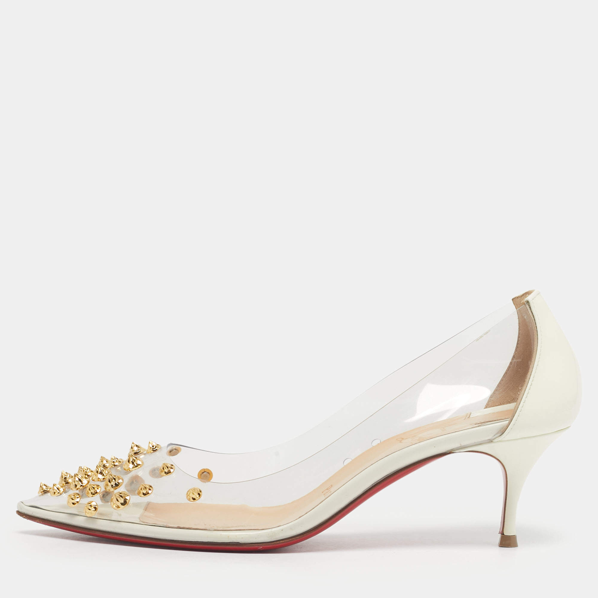 Pre Owned Christian Louboutin White Patent Leather and PVC Collaclou Spikes Pumps Size 36.5