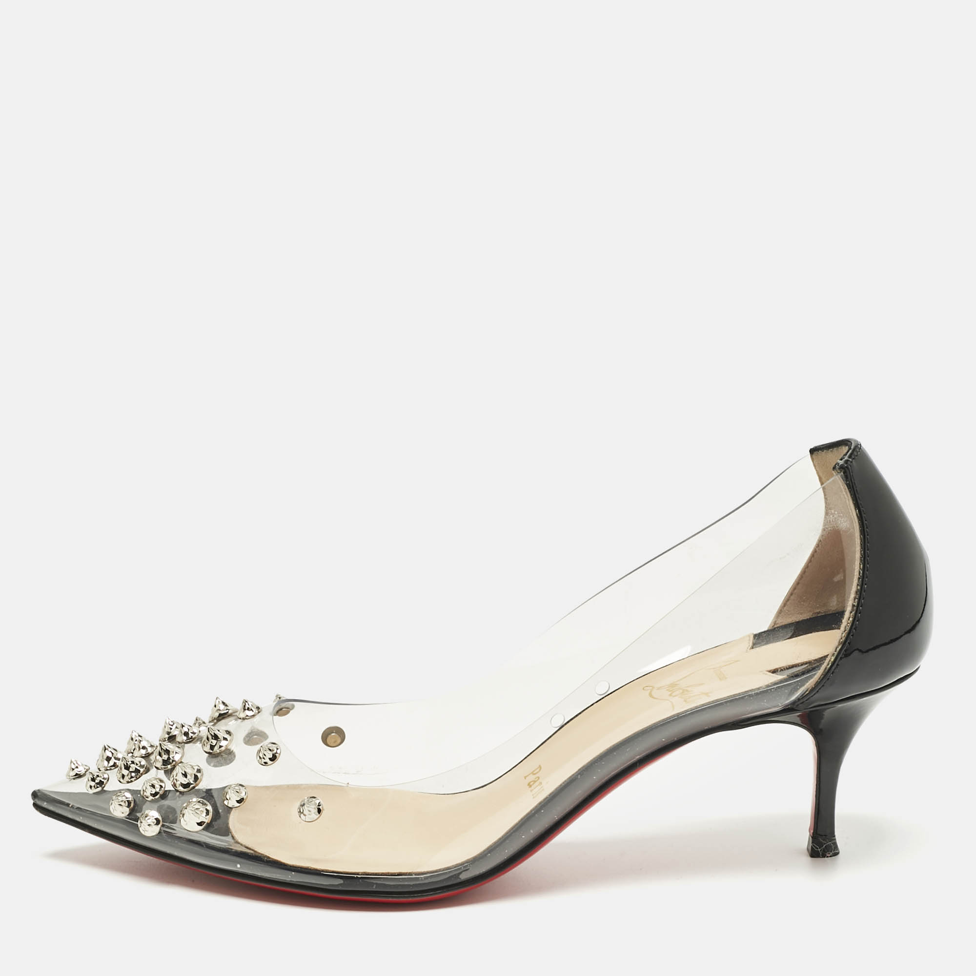 Pre Owned Christian Louboutin Black Patent Leather and PVC Collaclou Spiked Pumps Size 36.5