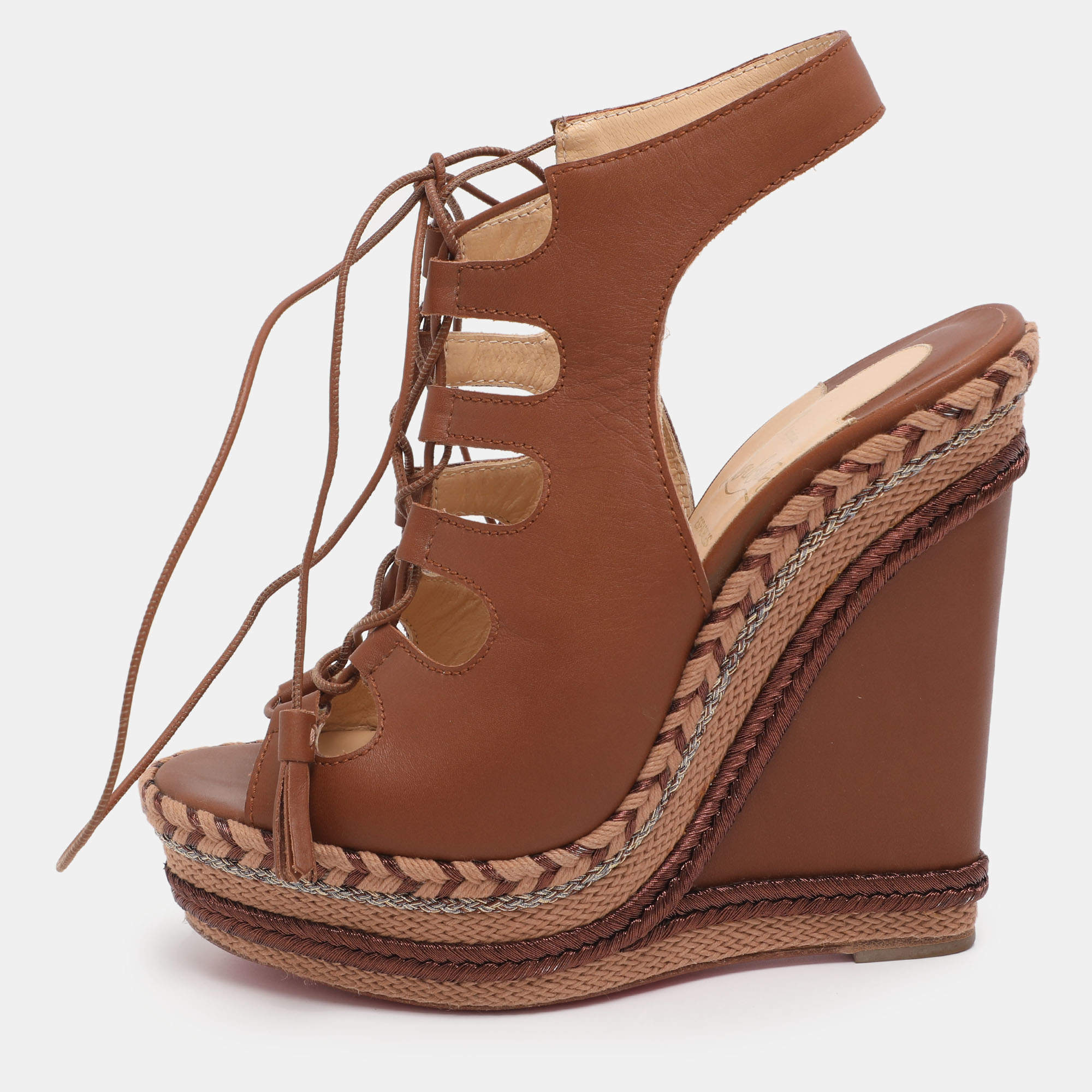 Pre Owned Christian Louboutin Brown Leather Spagana Wedge Sandals Size 38