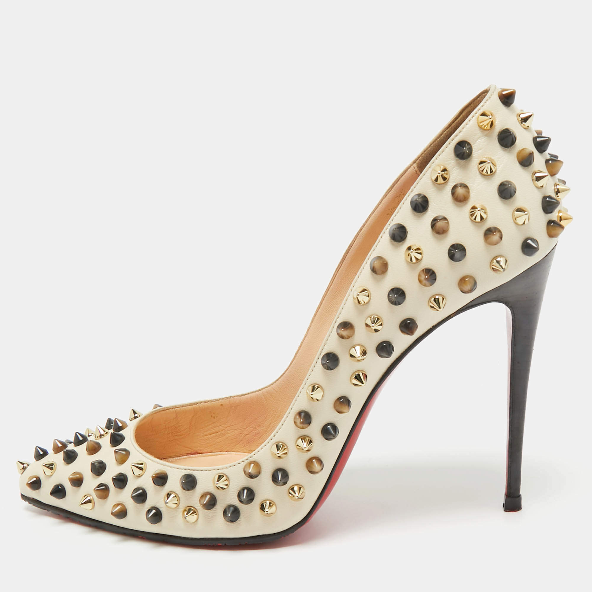Pre Owned Christian Louboutin White Leather Multicolor Spikes Pigalle Pumps Size 39.5