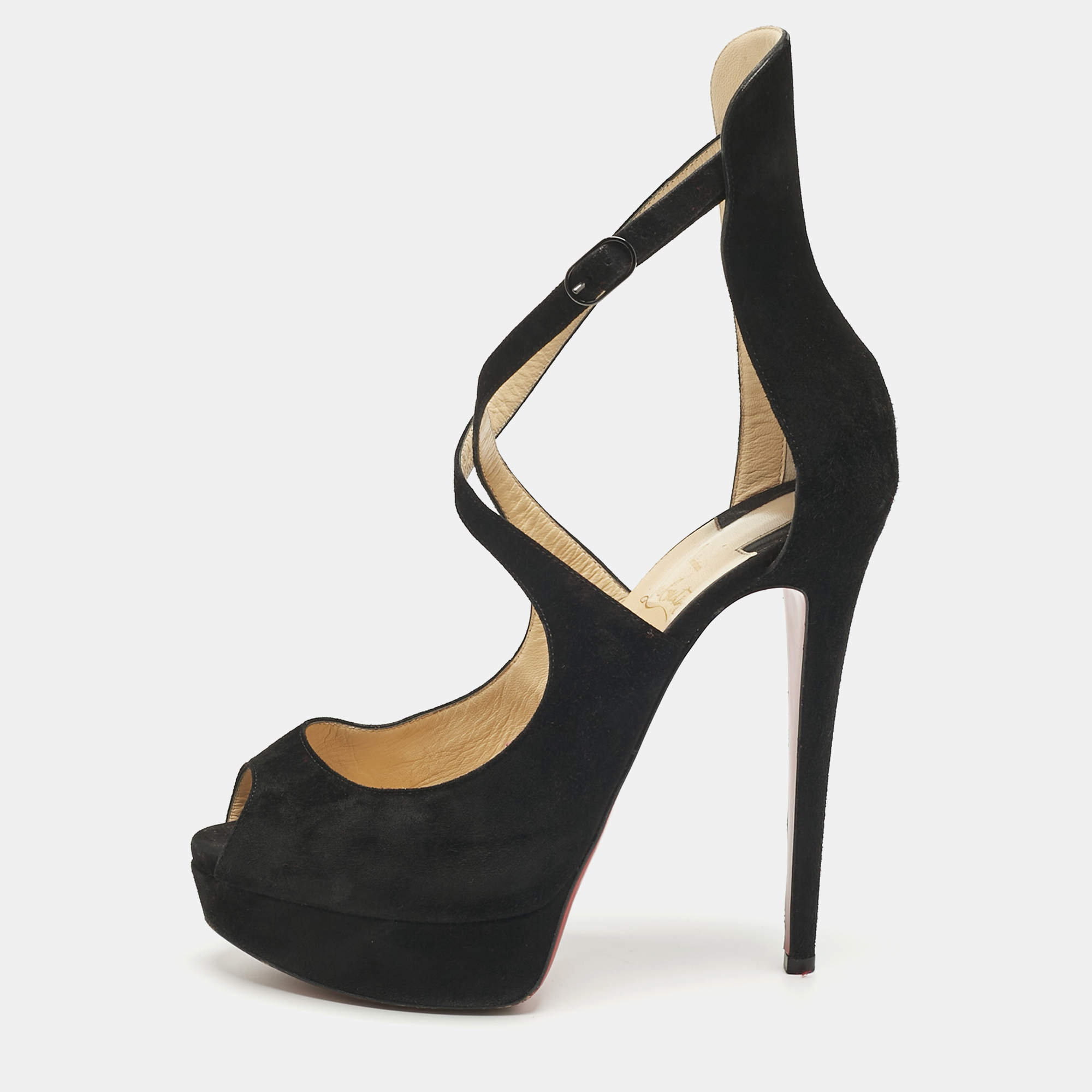 Pre Owned Christian Louboutin Black Suede Marlenalta Platform Sandals Size 39.5