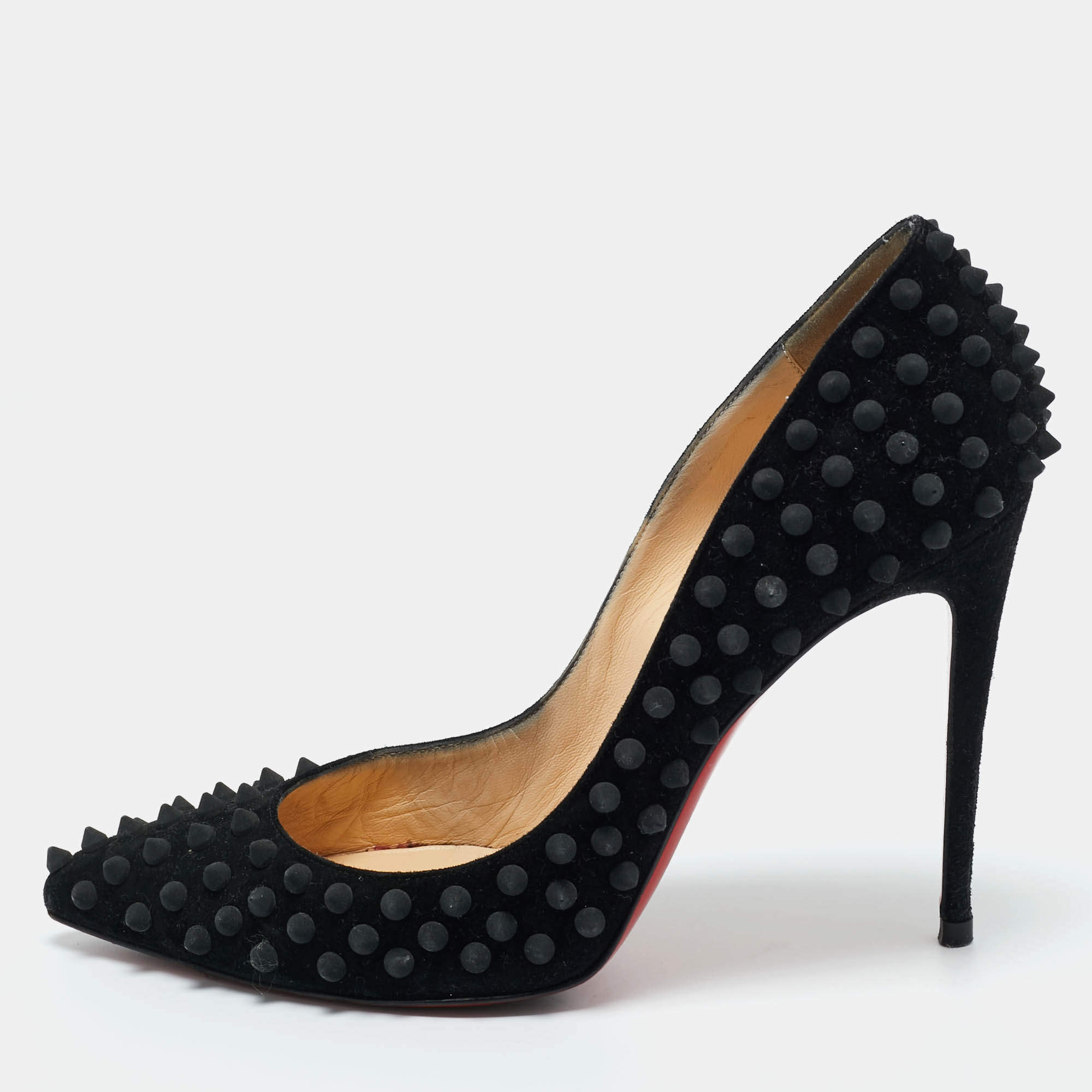 Pre Owned Christian Louboutin Black Suede Pigalle Spikes Pumps Size 39.5