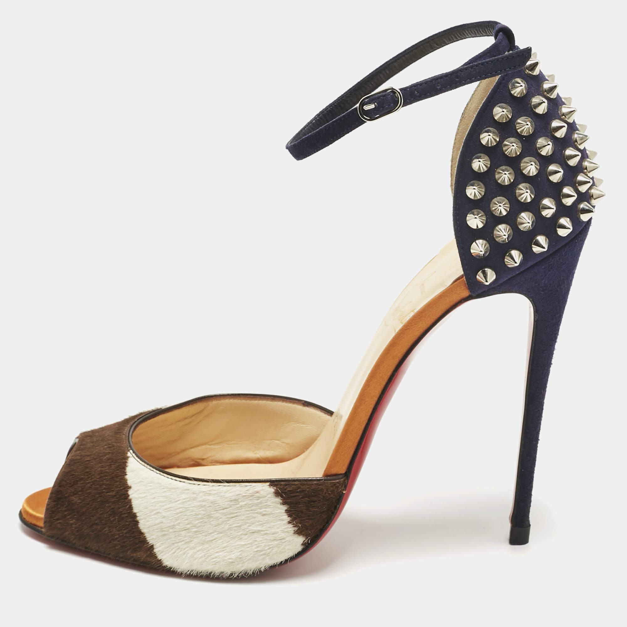 Pre Owned Christian Louboutin Tricolor Calf Hair and Suede Pina Spike Sandals Size 38.5