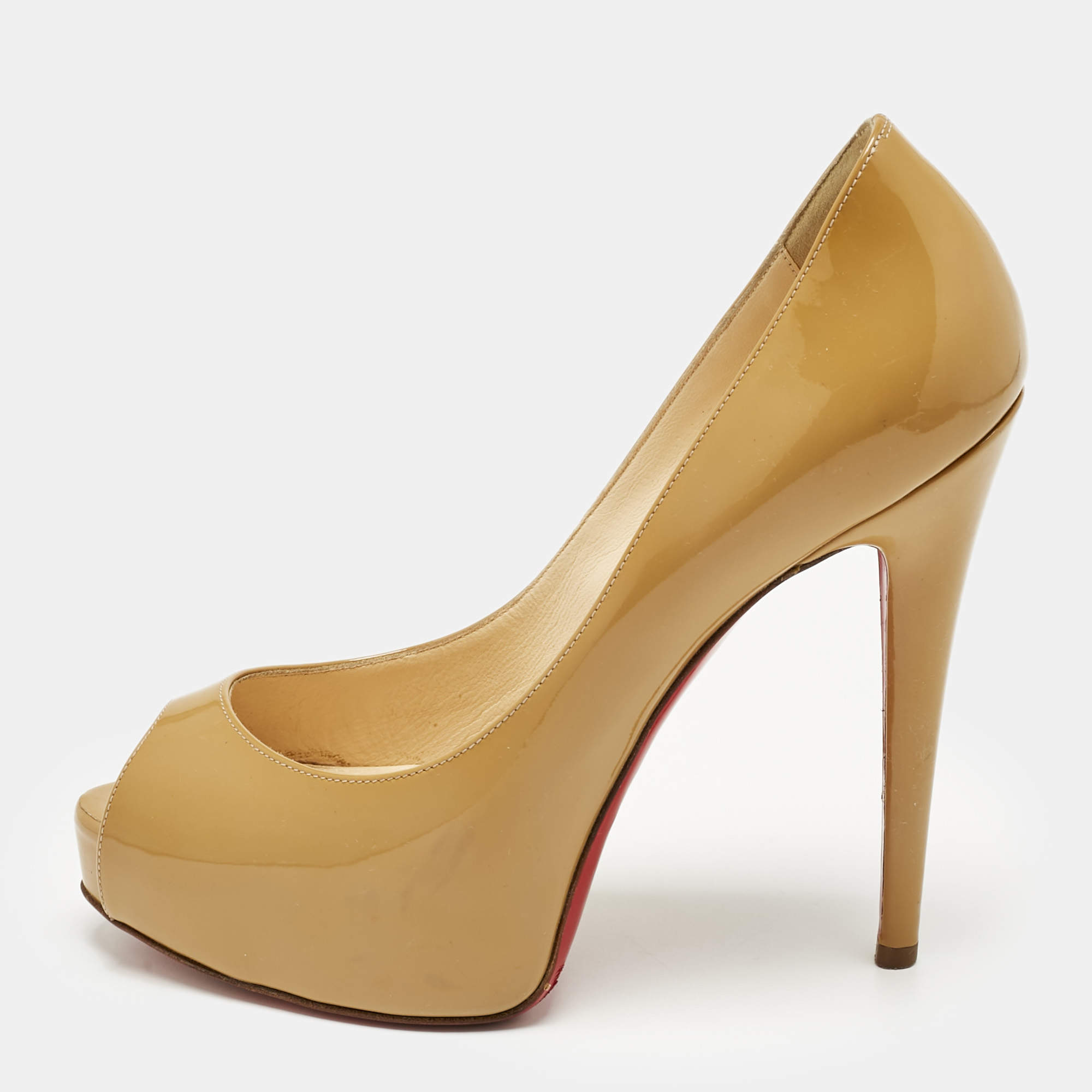 Pre Owned Christian Louboutin Beige Patent Leather Very Prive Peep Toe Pumps Size 37